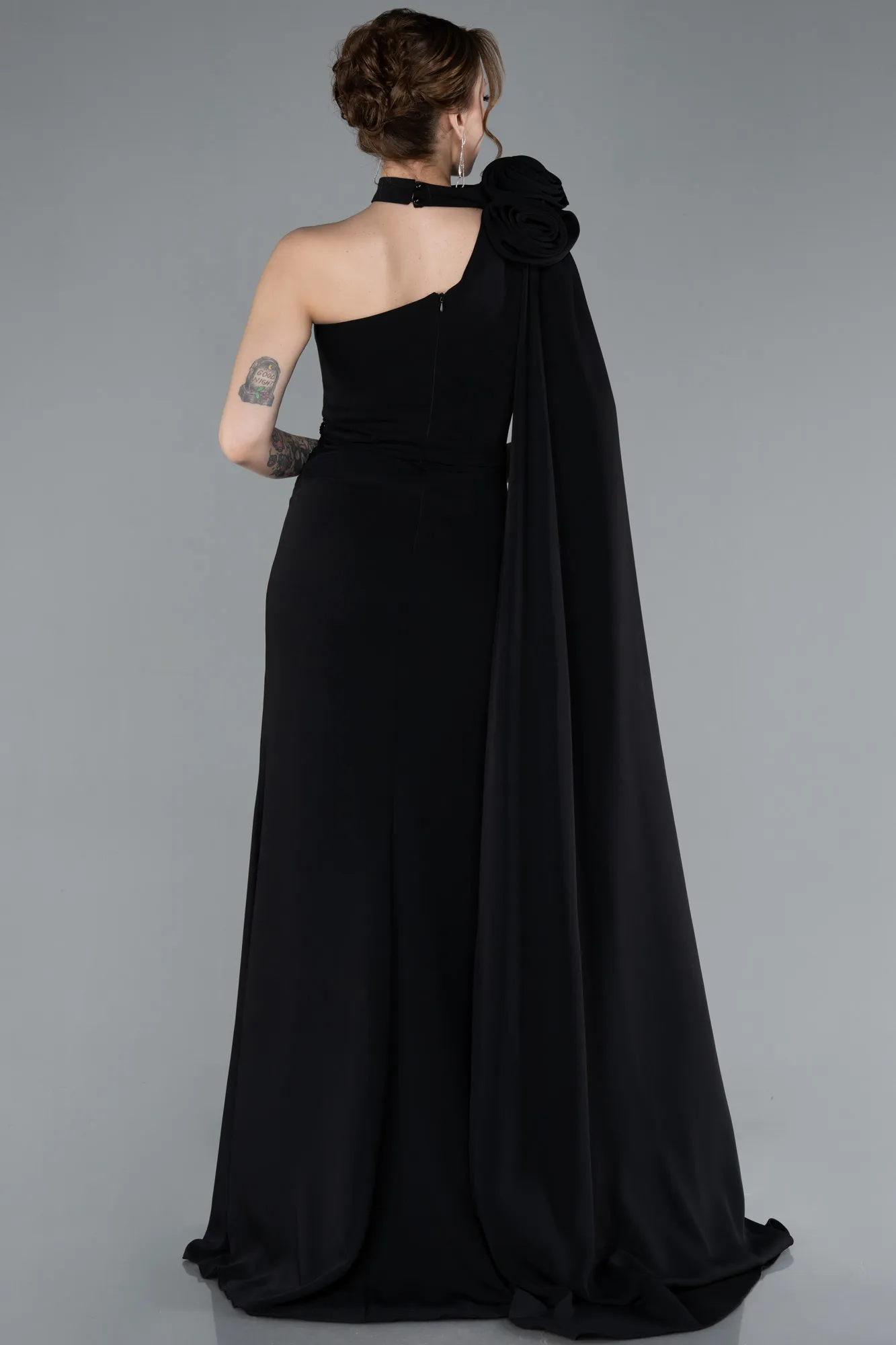 Black-One Shoulder Shawl Slit Long Evening Gown ABU4808