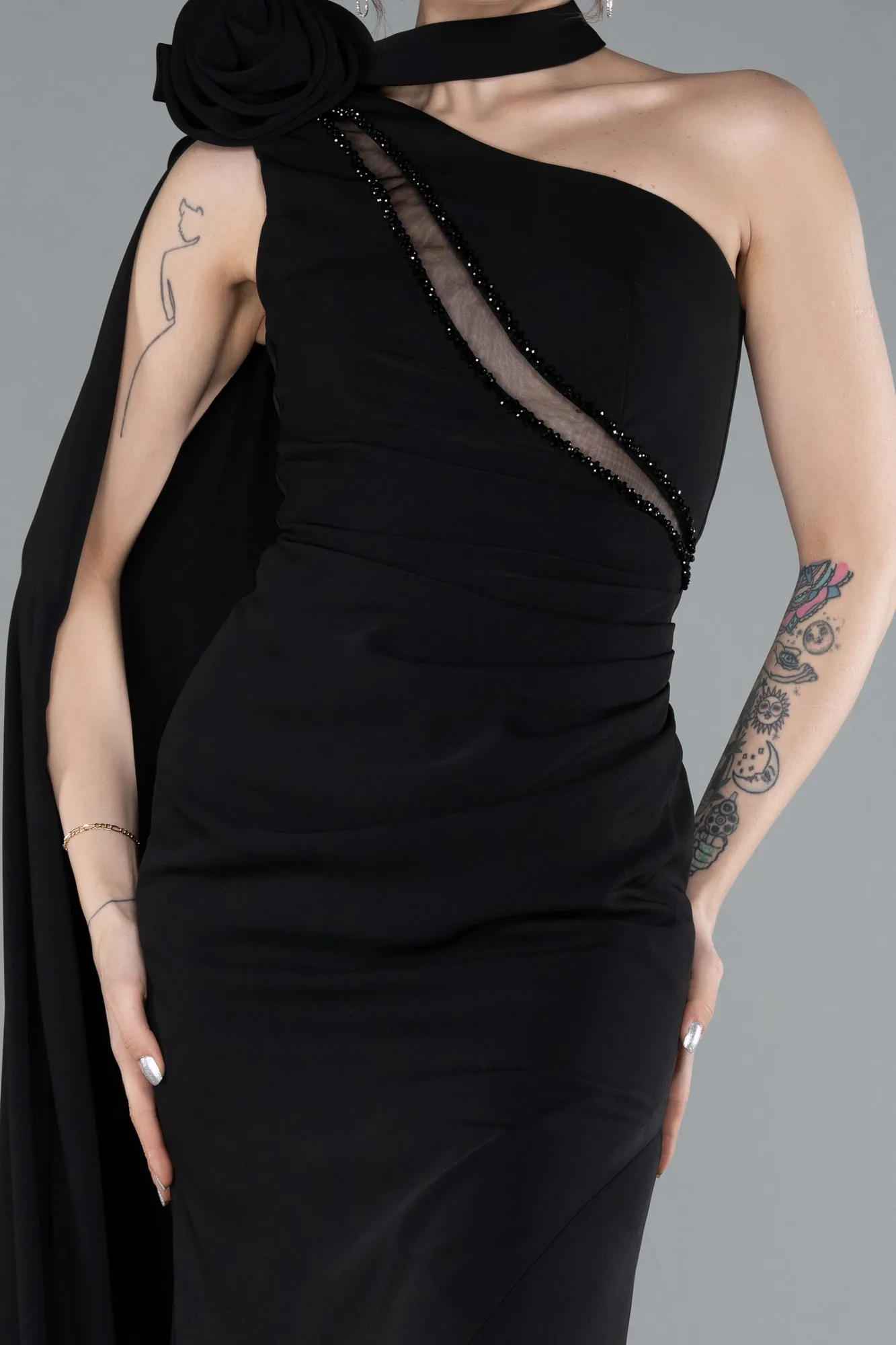 Black-One Shoulder Shawl Slit Long Evening Gown ABU4808