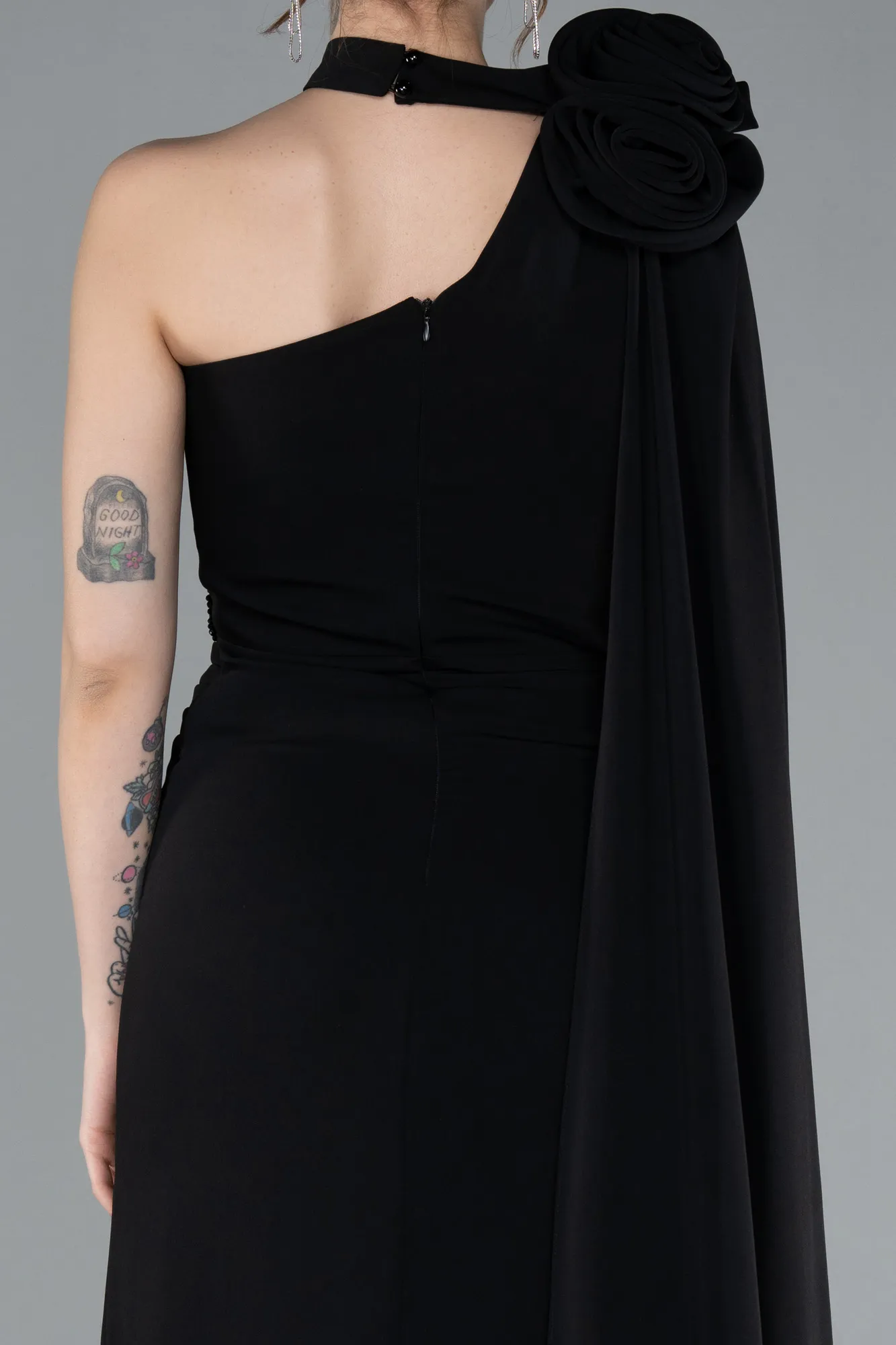 Black-One Shoulder Shawl Slit Long Evening Gown ABU4808