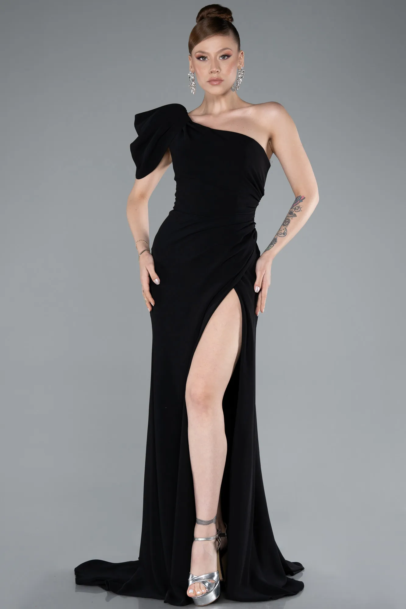 Black-One Shoulder Slit Long Chiffon Prom Dress ABU4091