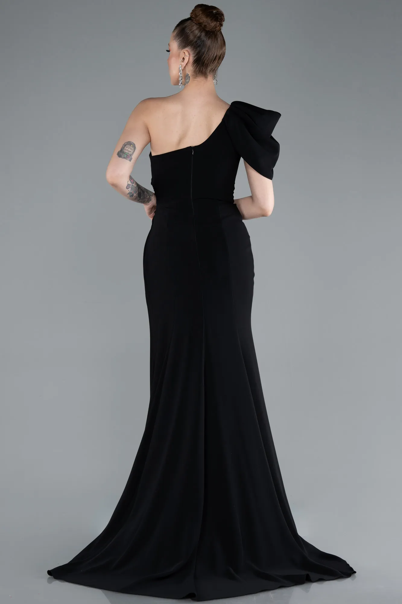 Black-One Shoulder Slit Long Chiffon Prom Dress ABU4091
