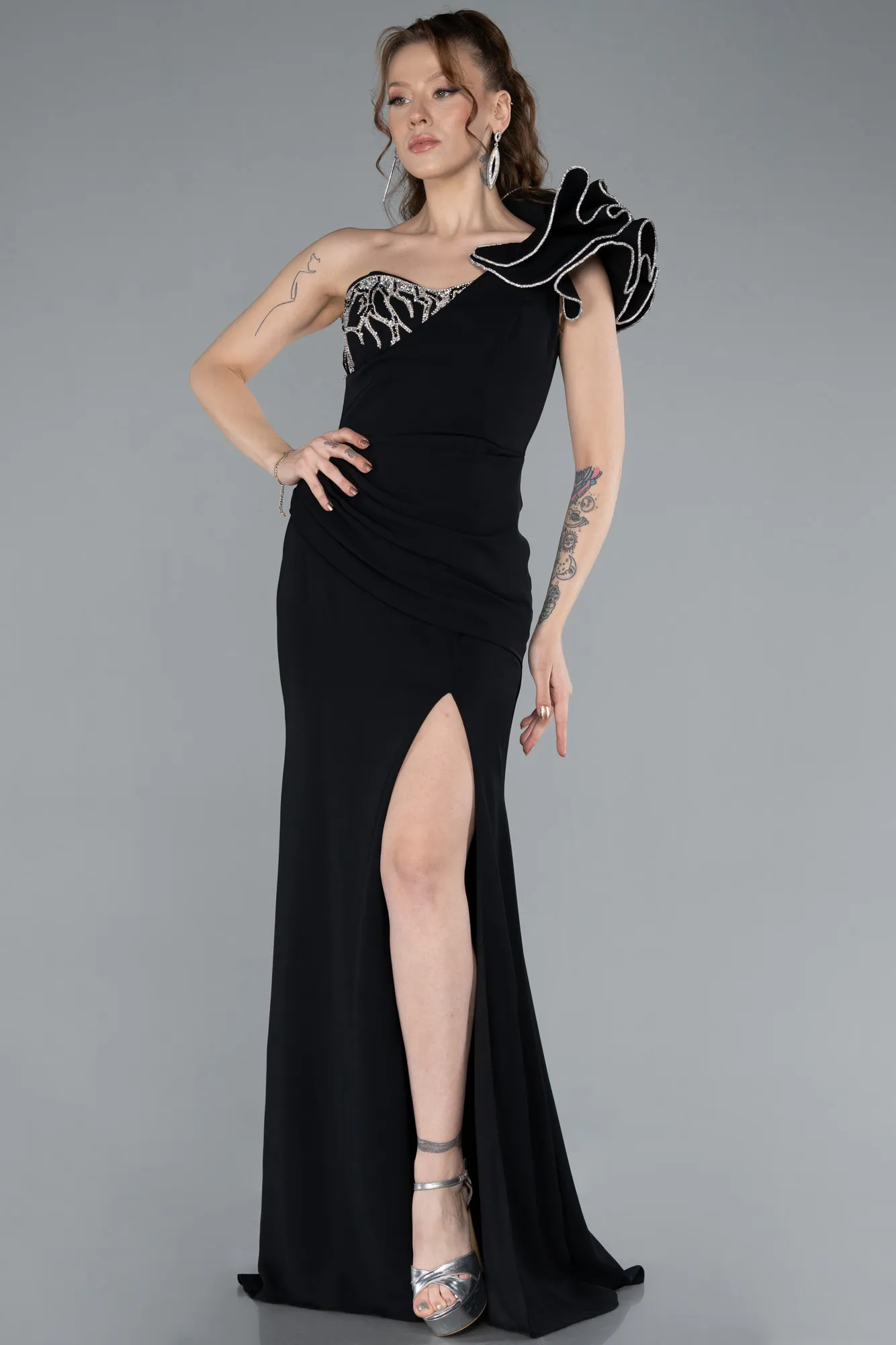 Black-One Shoulder Slit Long Evening Gown ABU4692