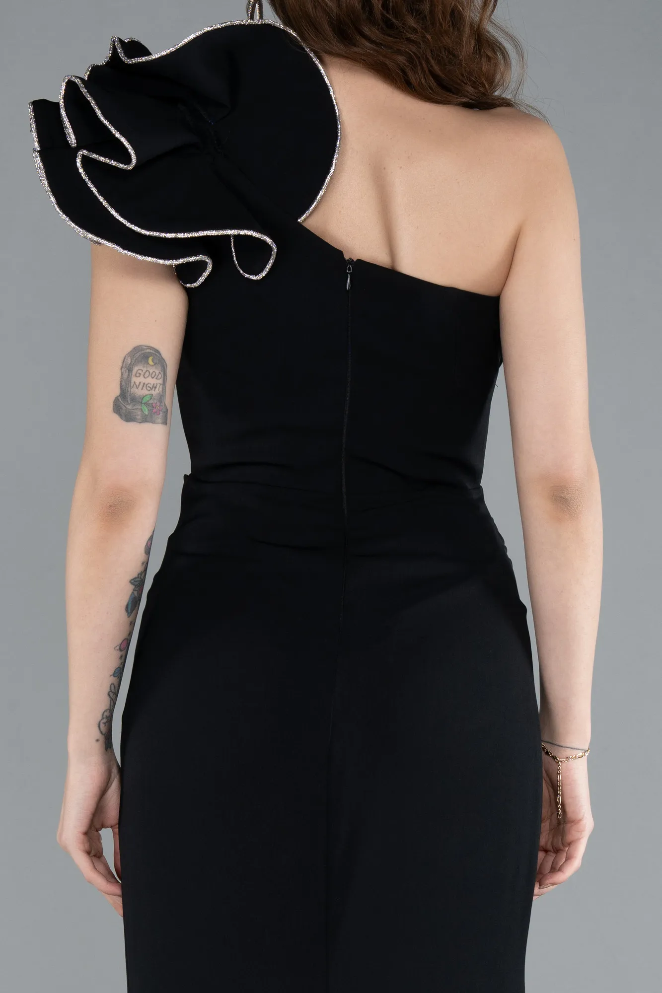 Black-One Shoulder Slit Long Evening Gown ABU4692