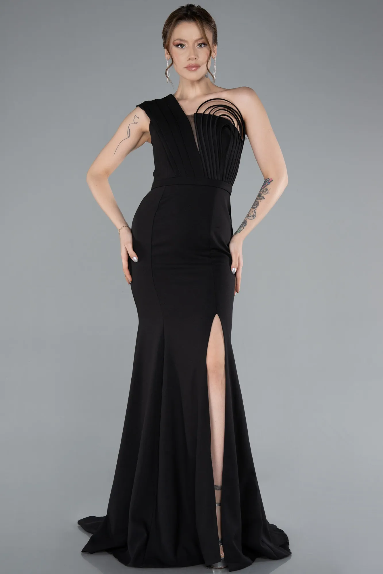 Black-One Shoulder Slit Long Evening Gown ABU4793