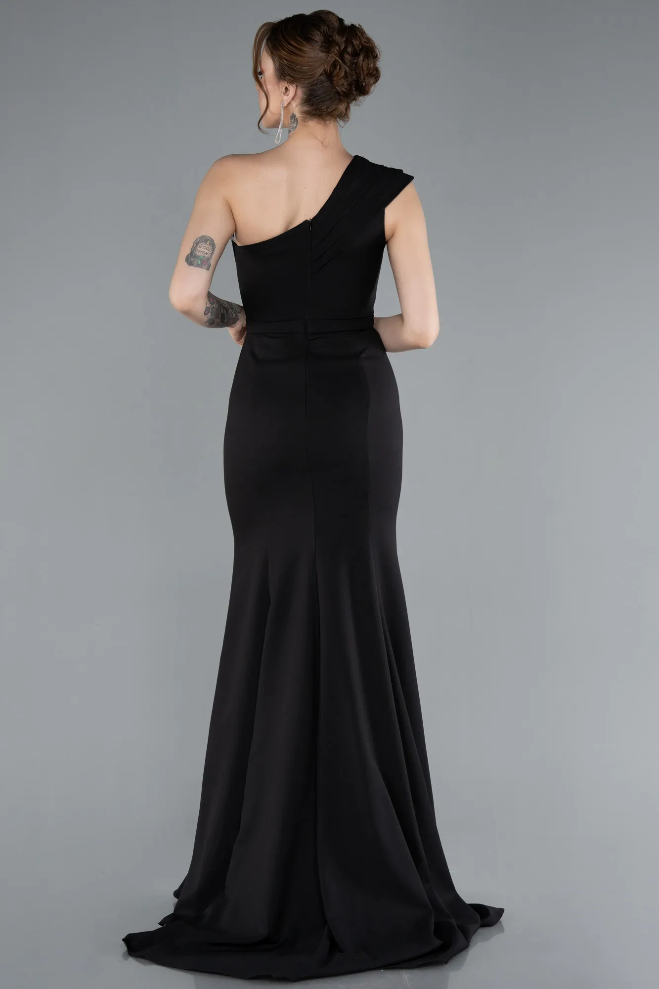 Black-One Shoulder Slit Long Evening Gown ABU4793