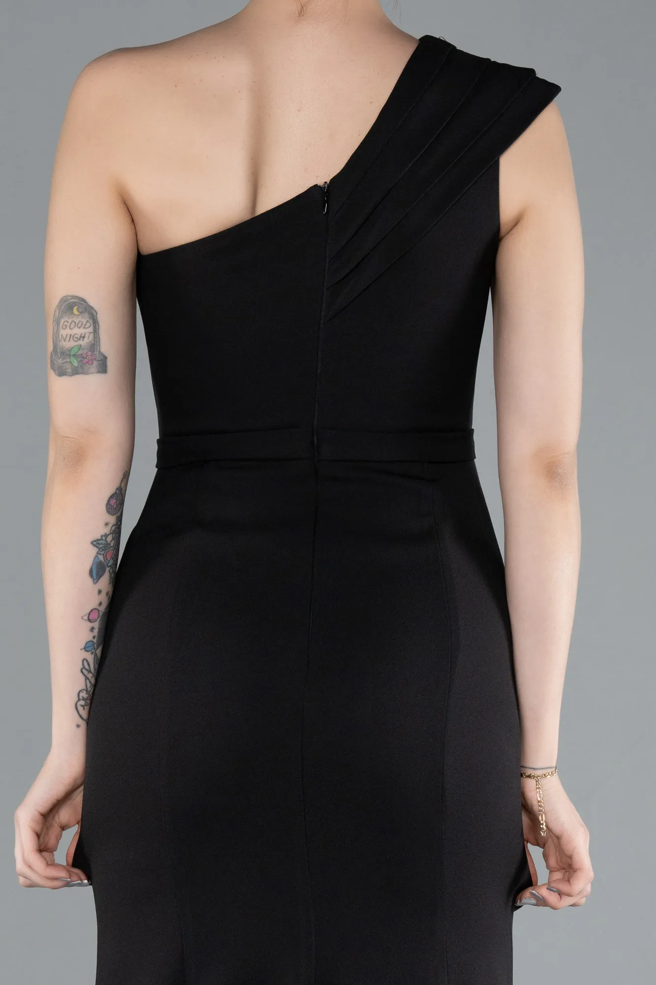 Black-One Shoulder Slit Long Evening Gown ABU4793