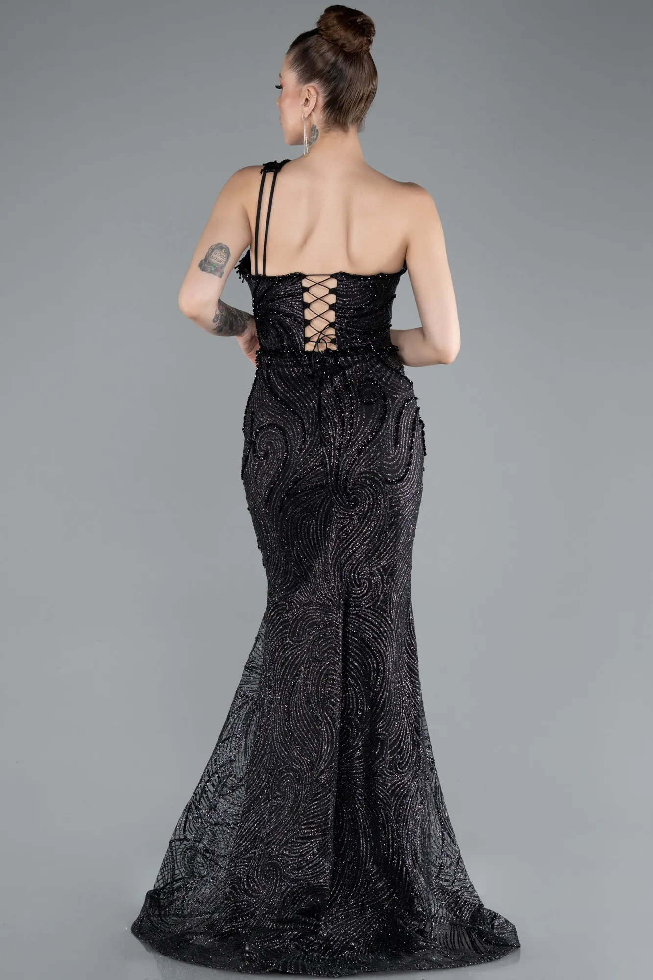 Black-One Shoulder Slit Long Glitter Mermaid Evening Gown ABU4697