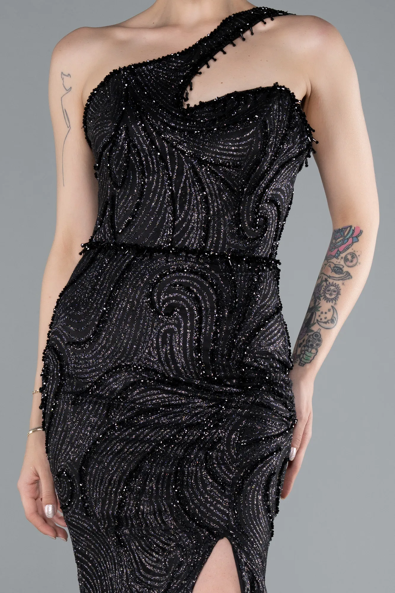 Black-One Shoulder Slit Long Glitter Mermaid Evening Gown ABU4697