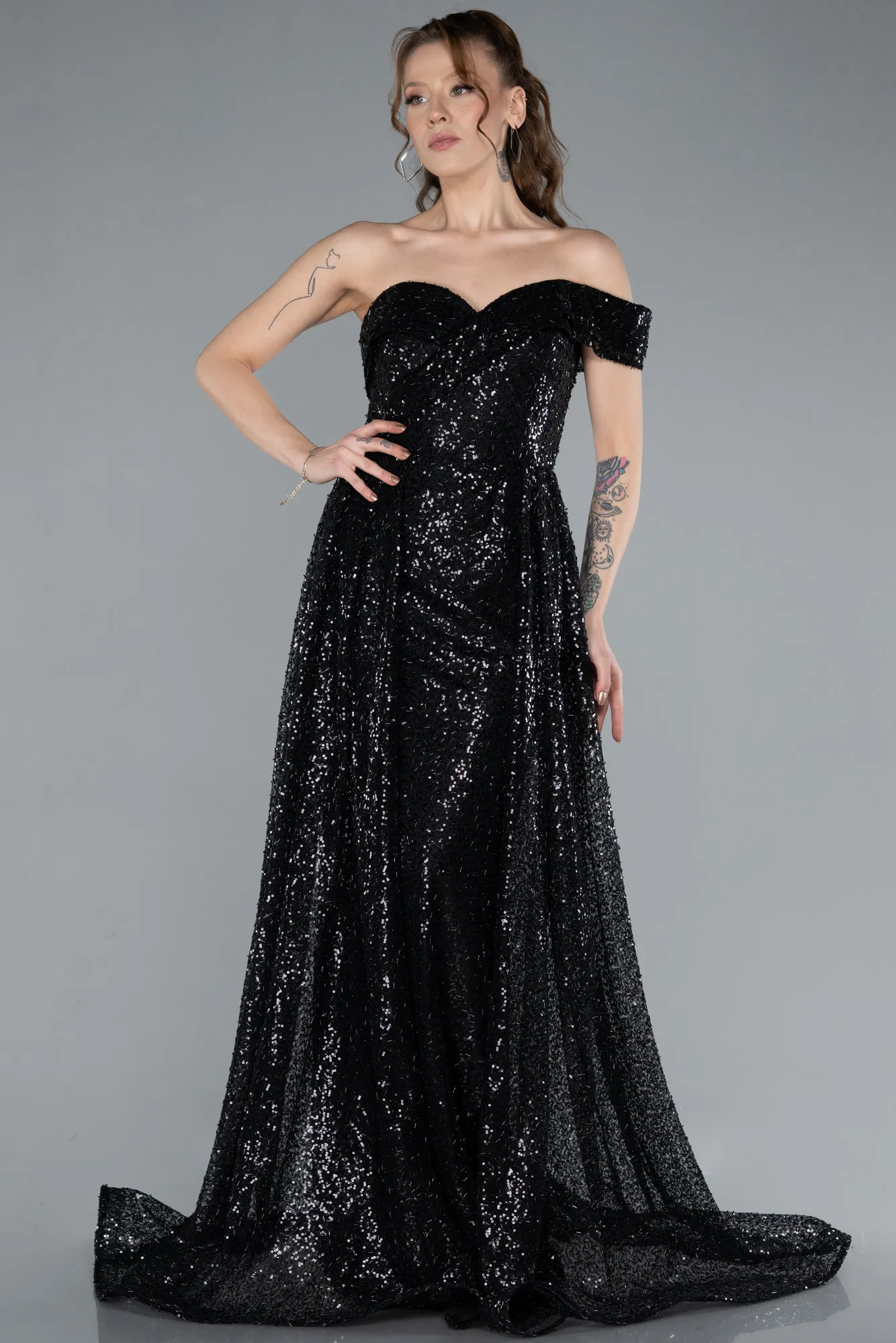 Black-One Shoulder Taıled Sequined Long Evening Gown ABU4691