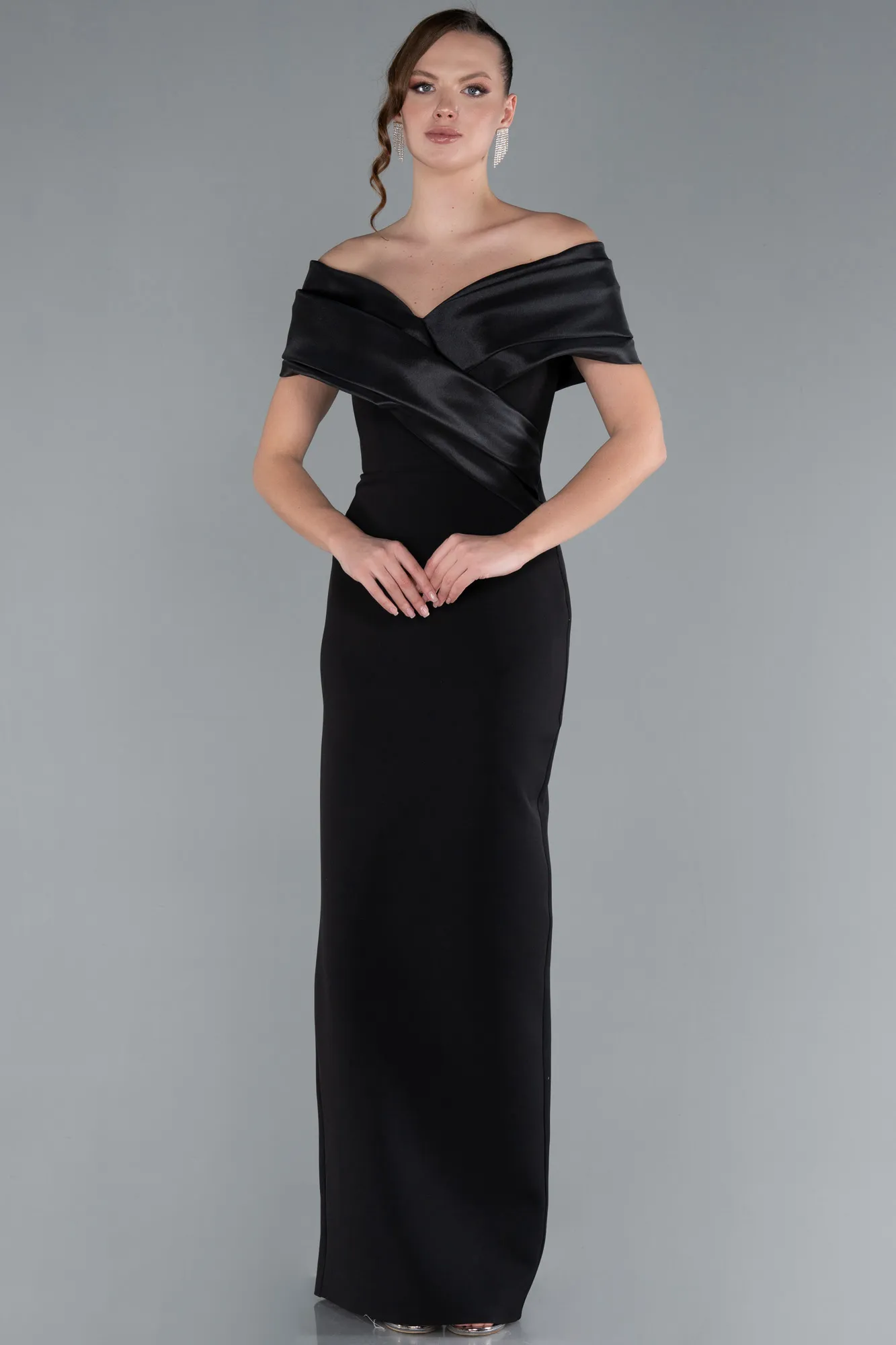 Black-Satin Boat Neck Long Mermaid Dress ABU4731