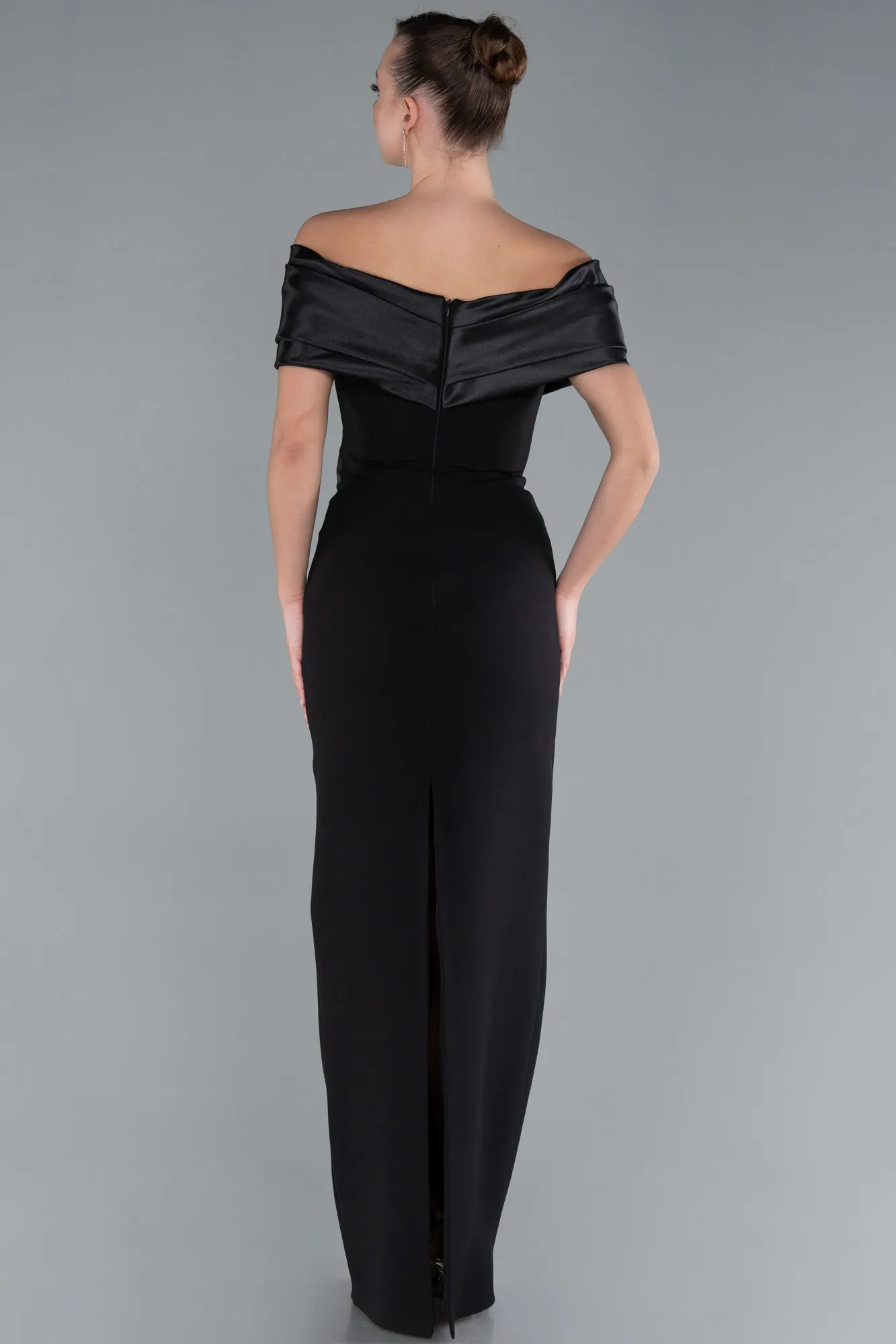 Black-Satin Boat Neck Long Mermaid Dress ABU4731