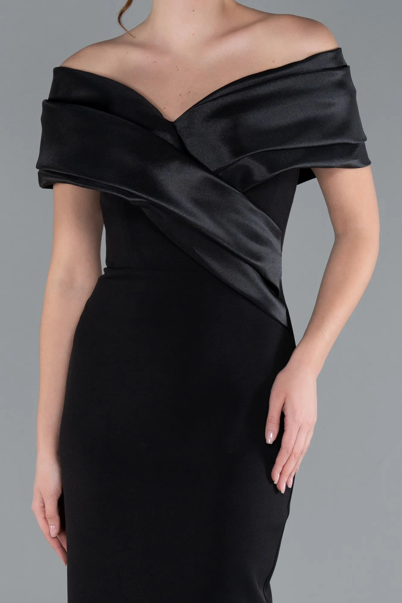 Black-Satin Boat Neck Long Mermaid Dress ABU4731