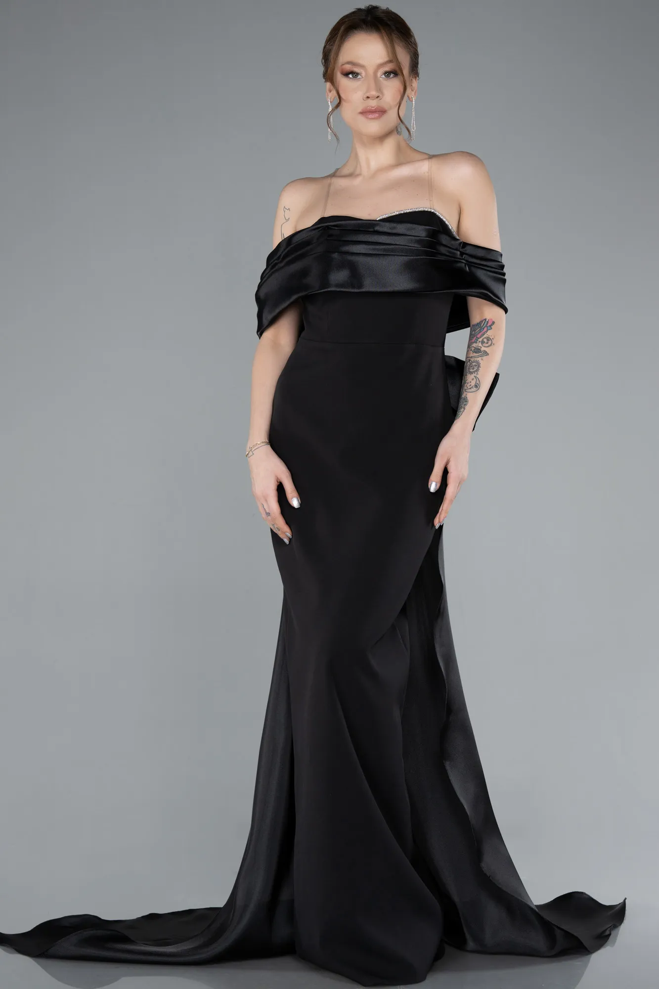 Black-Satin Boat Neck Tail Long Mermaid Evening Dress ABU4797