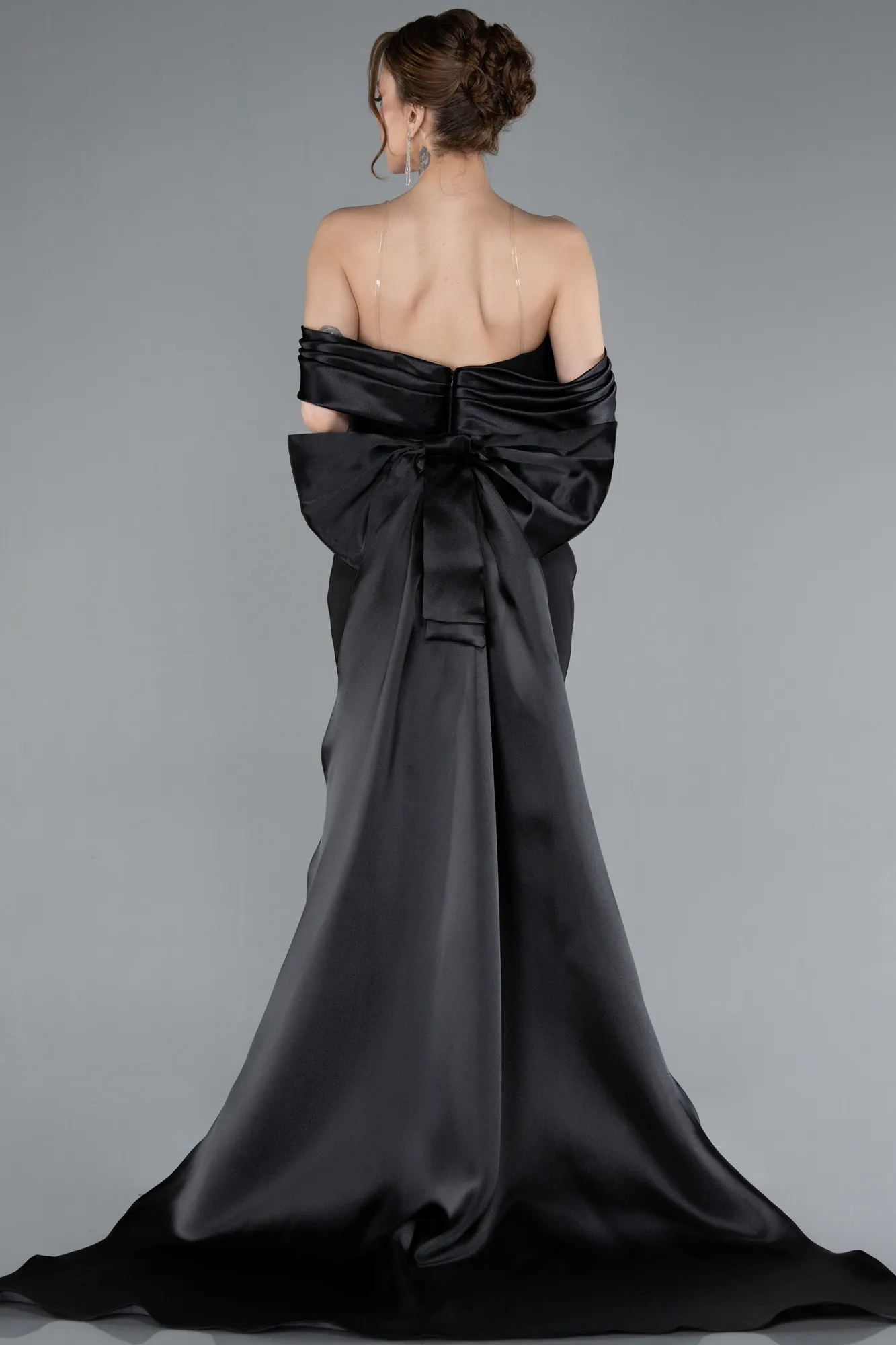 Black-Satin Boat Neck Tail Long Mermaid Evening Dress ABU4797