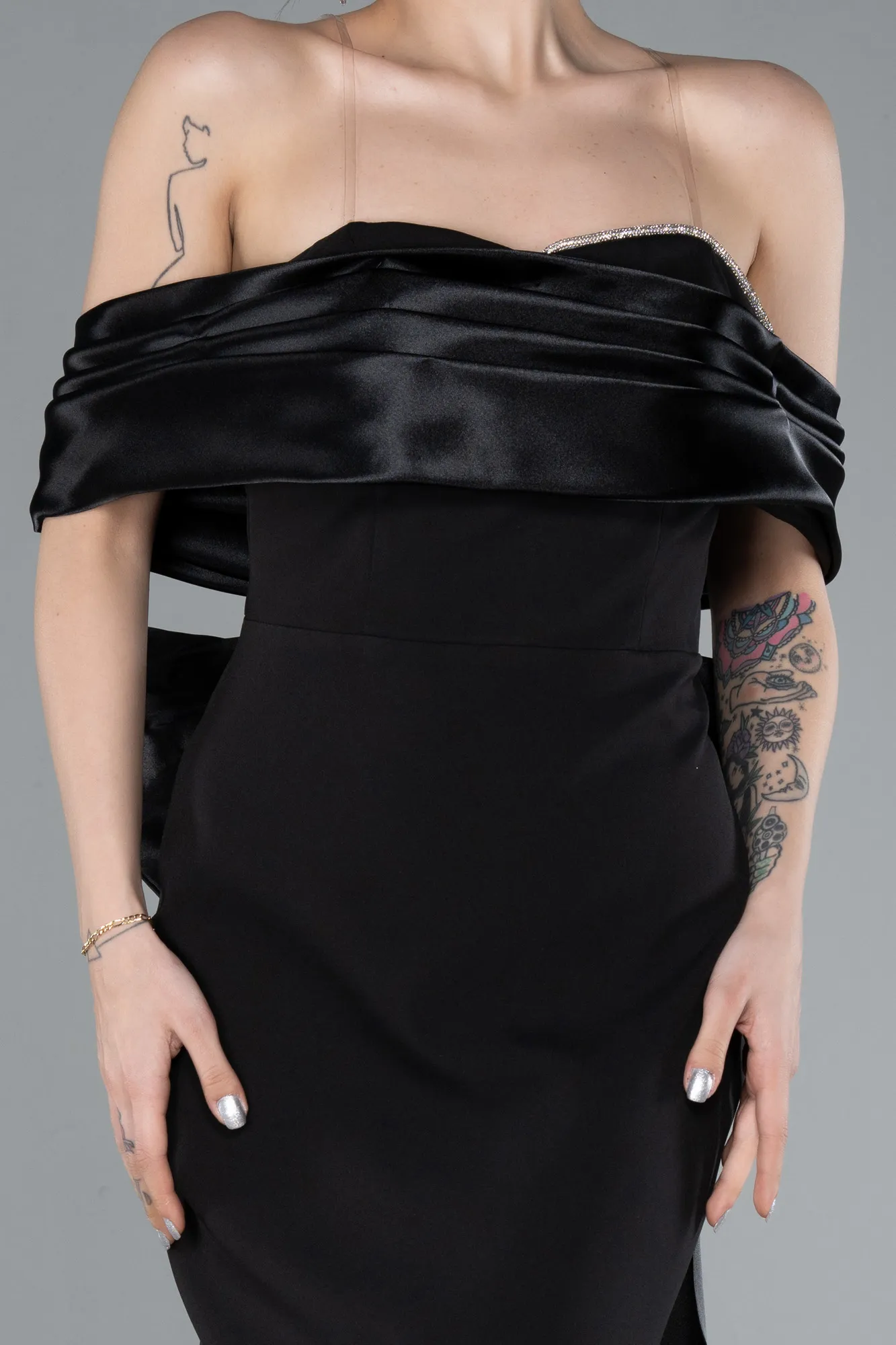 Black-Satin Boat Neck Tail Long Mermaid Evening Dress ABU4797