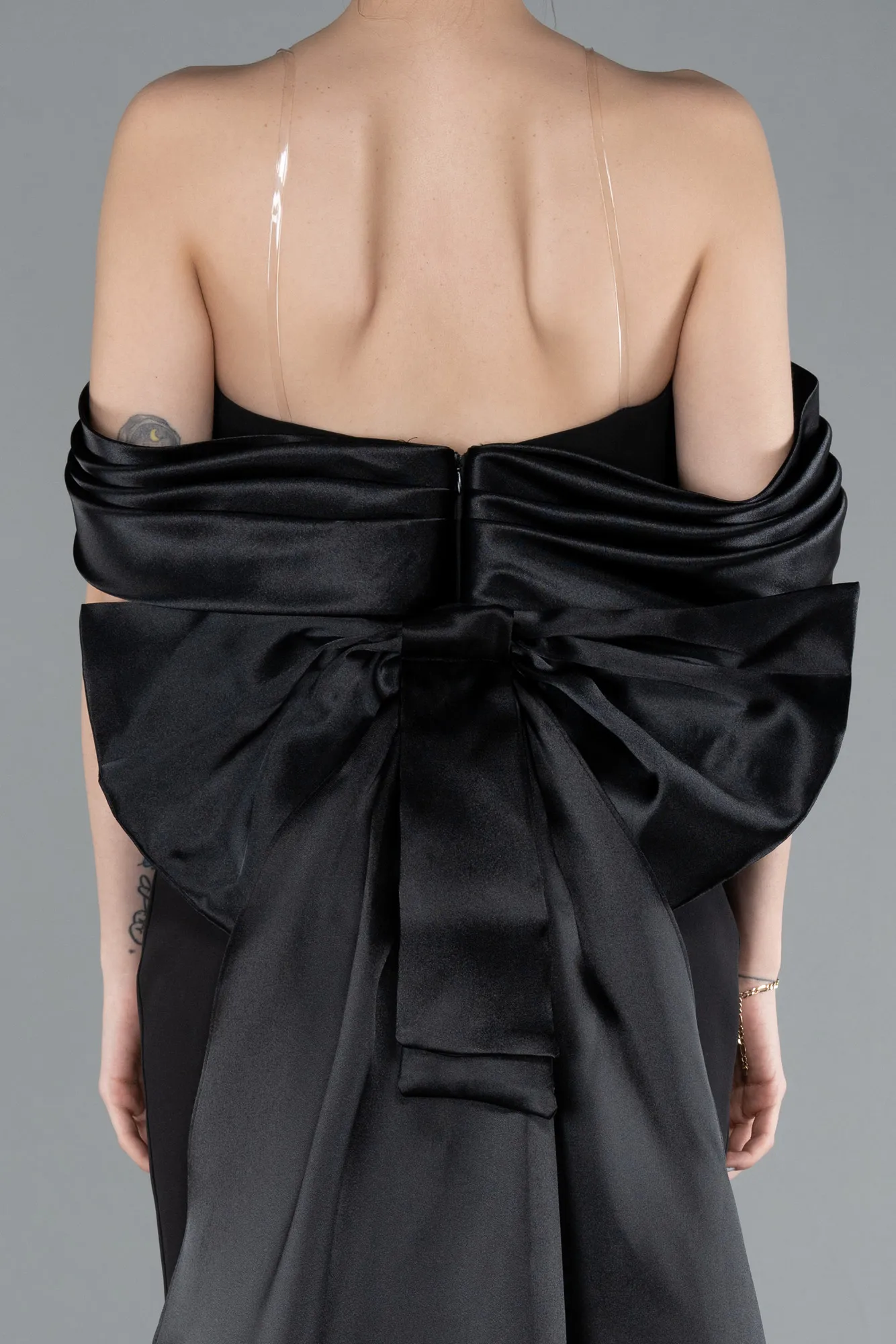 Black-Satin Boat Neck Tail Long Mermaid Evening Dress ABU4797