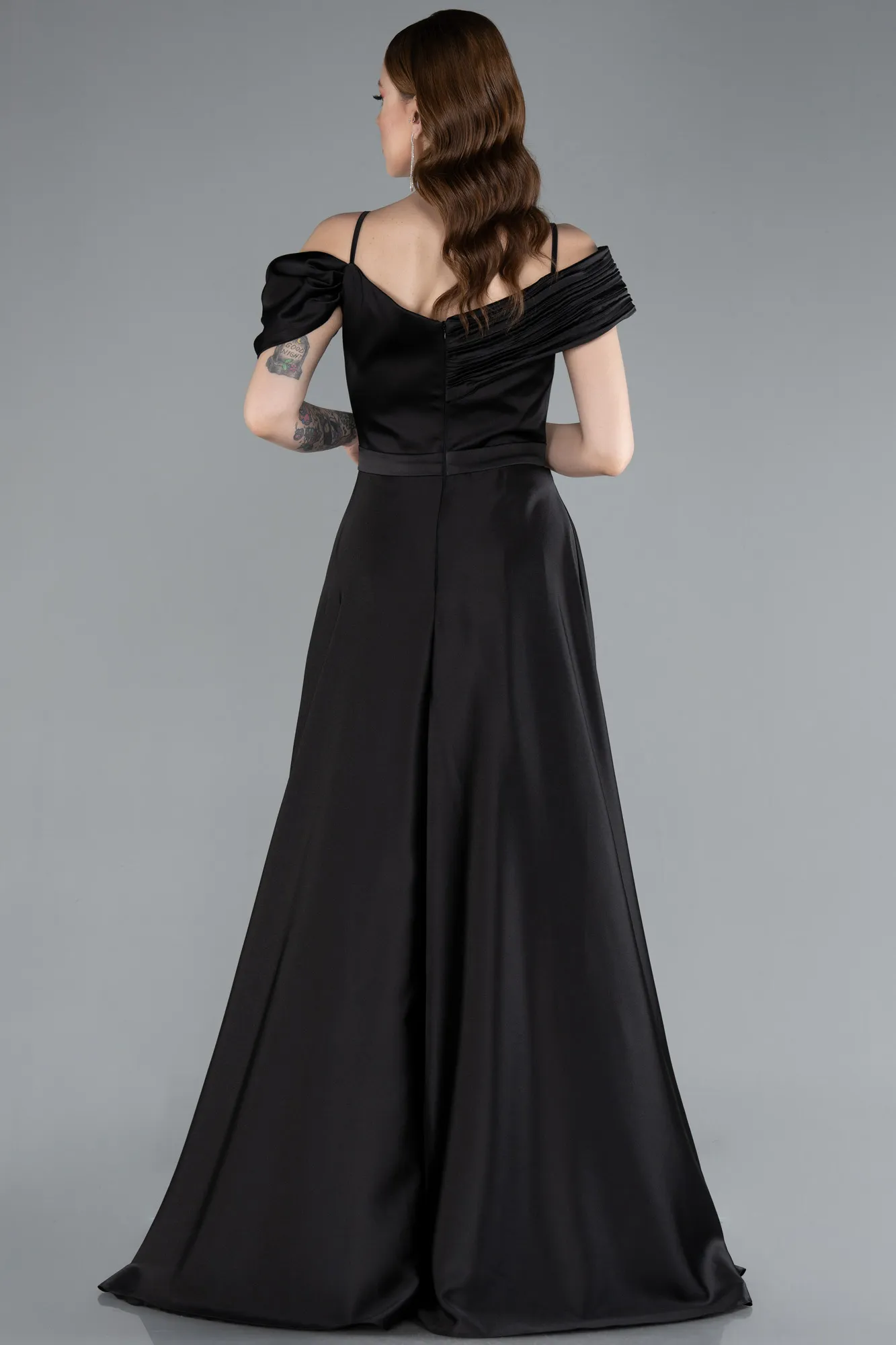 Black-Satin Off Shoulder Long Satin Evening Gown ABU4868