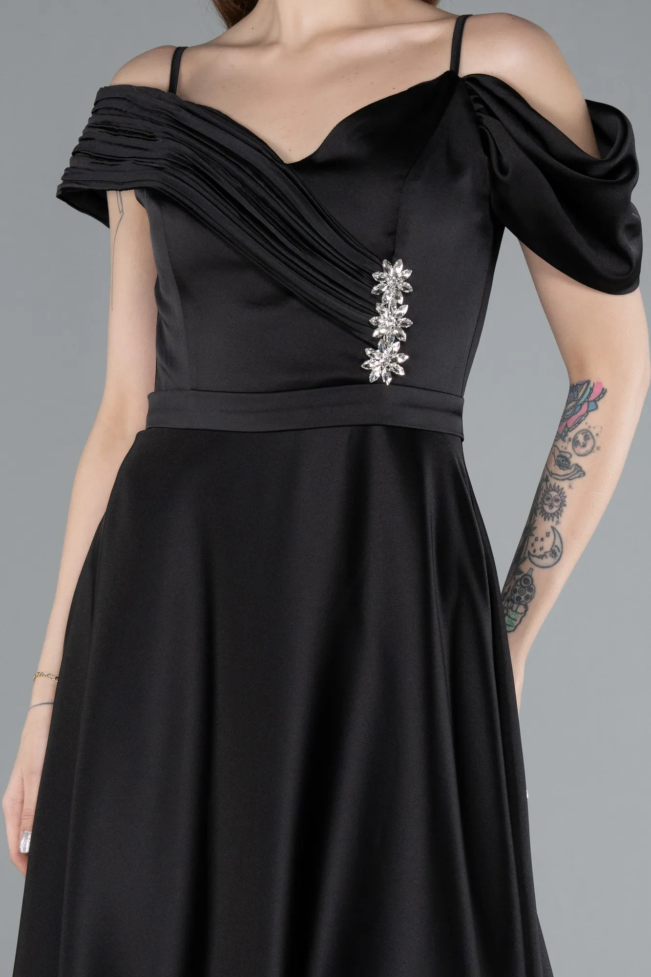 Black-Satin Off Shoulder Long Satin Evening Gown ABU4868