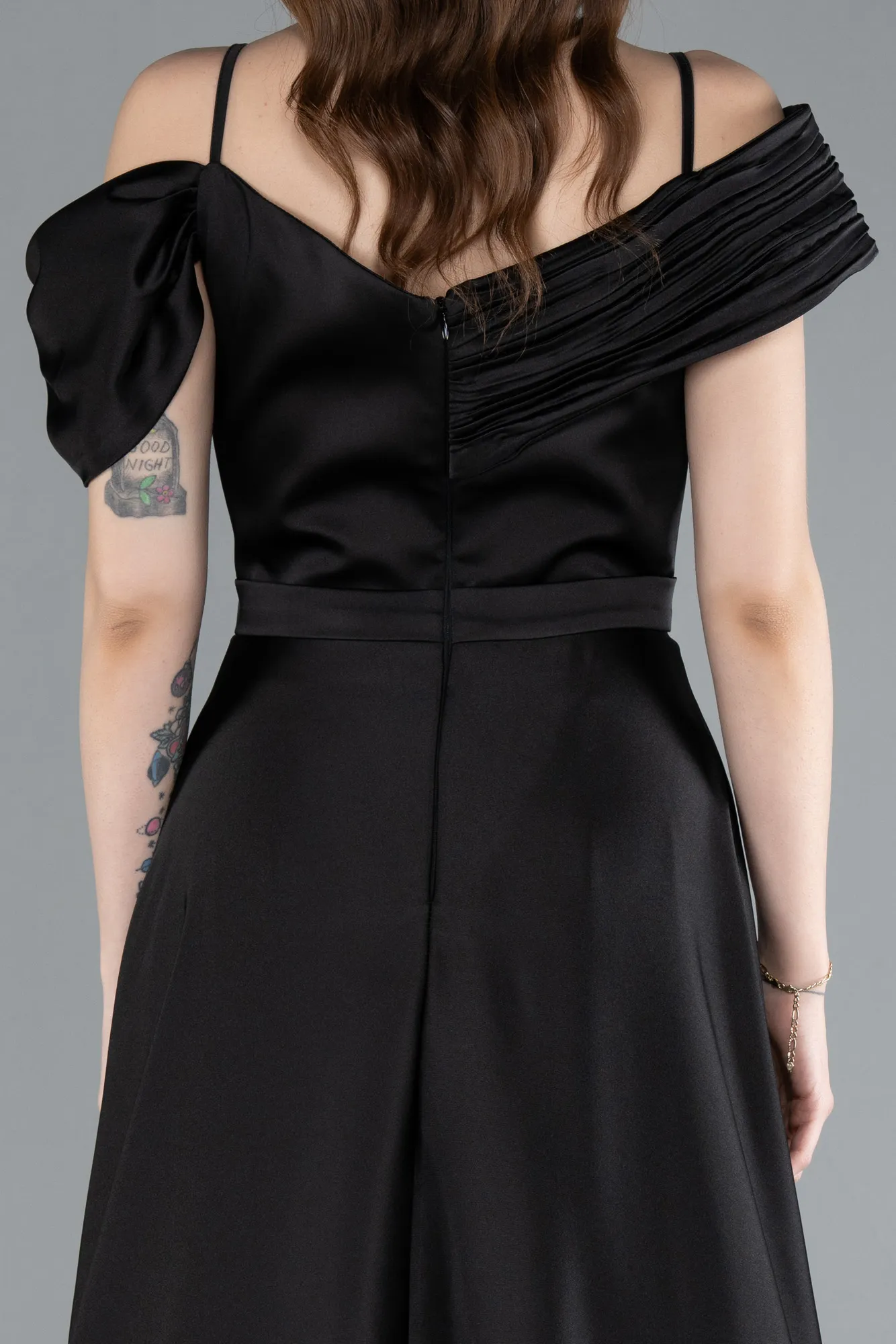 Black-Satin Off Shoulder Long Satin Evening Gown ABU4868