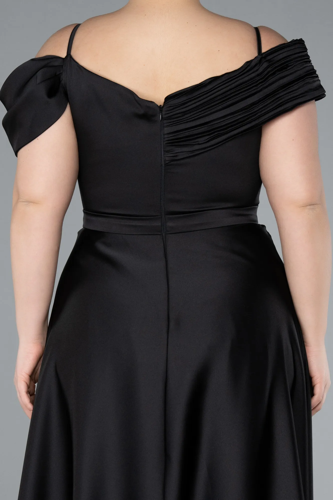 Black-Satin Off Shoulder Long Satin Plus Size Evening Gown ABU4869