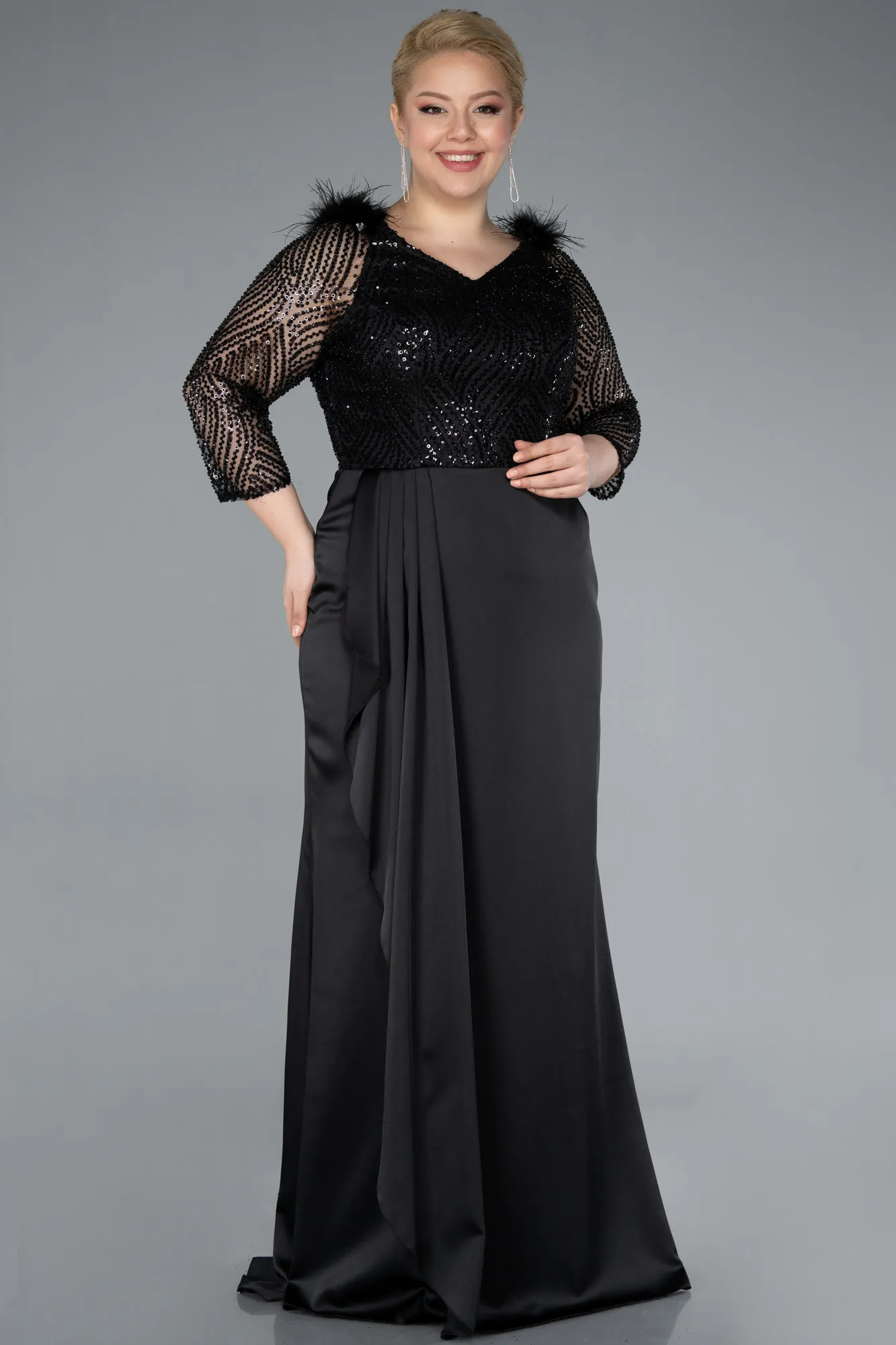 Black-Scaly Capri Sleeve Long Satin Plus Size Evening Dress ABU4205