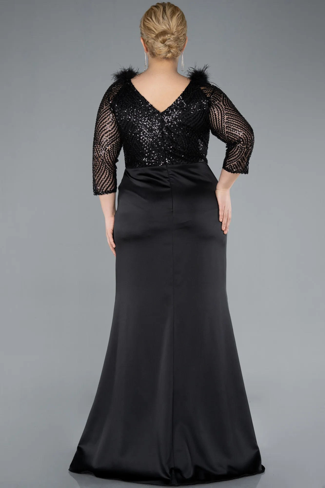 Black-Scaly Capri Sleeve Long Satin Plus Size Evening Dress ABU4205