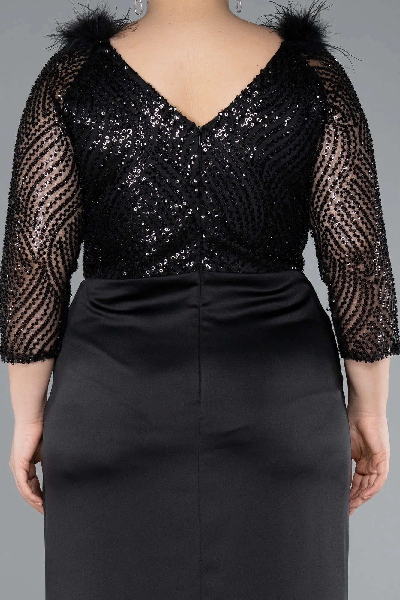 Black-Scaly Capri Sleeve Long Satin Plus Size Evening Dress ABU4205