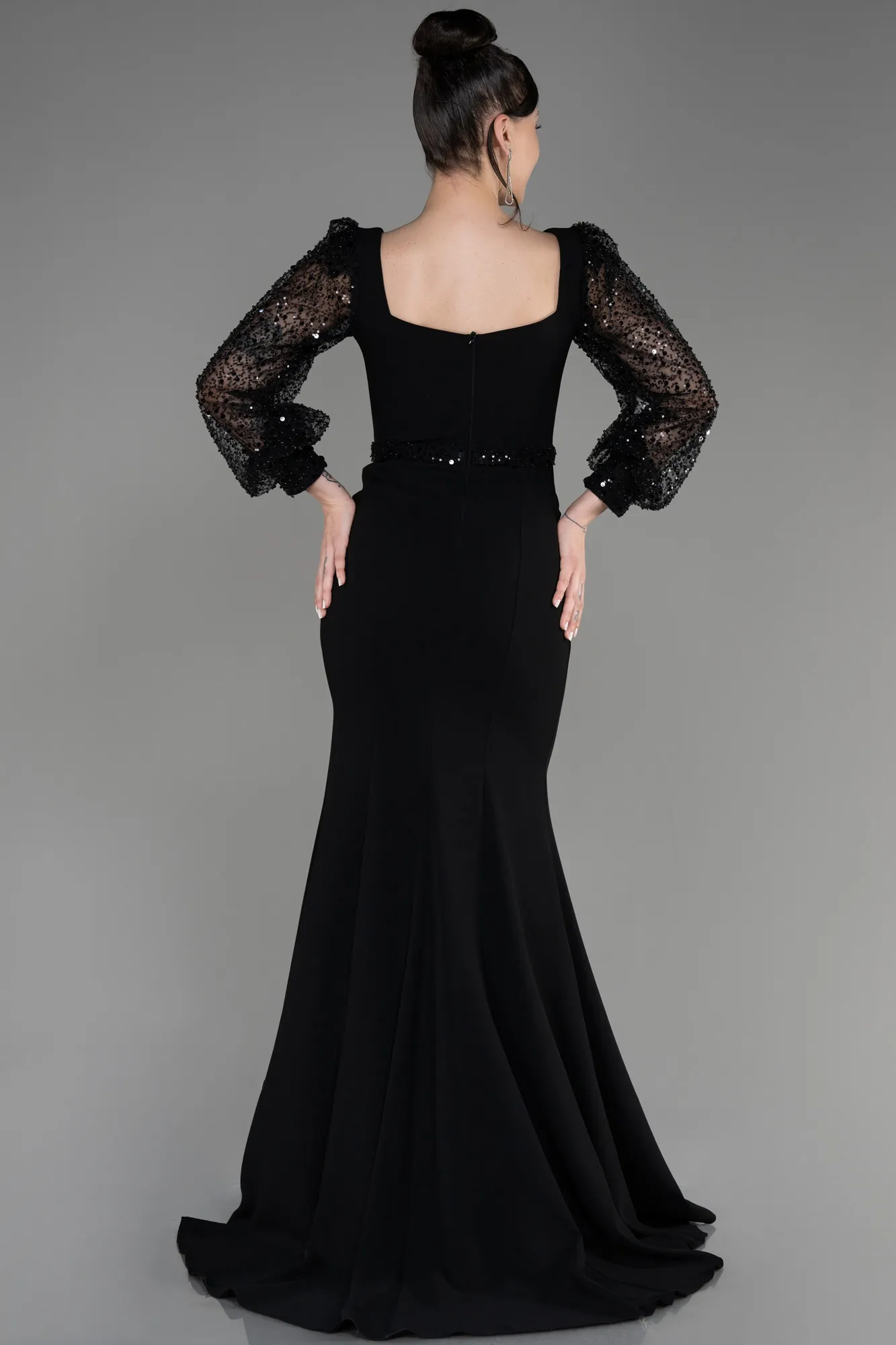 Black-Scaly Long Sleeve Slit Evening Dress ABU3852