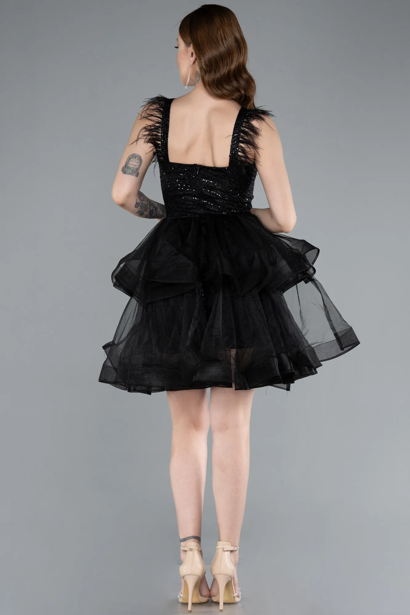 Black-Sequin Feather Straps Layered Tulle Mini Dress ABK2325