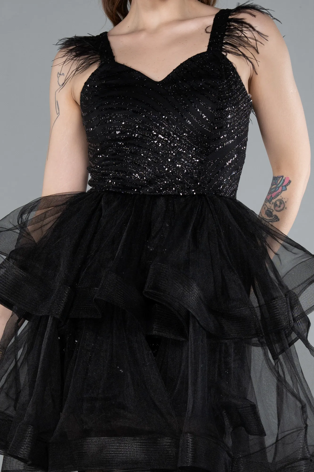 Black-Sequin Feather Straps Layered Tulle Mini Dress ABK2325
