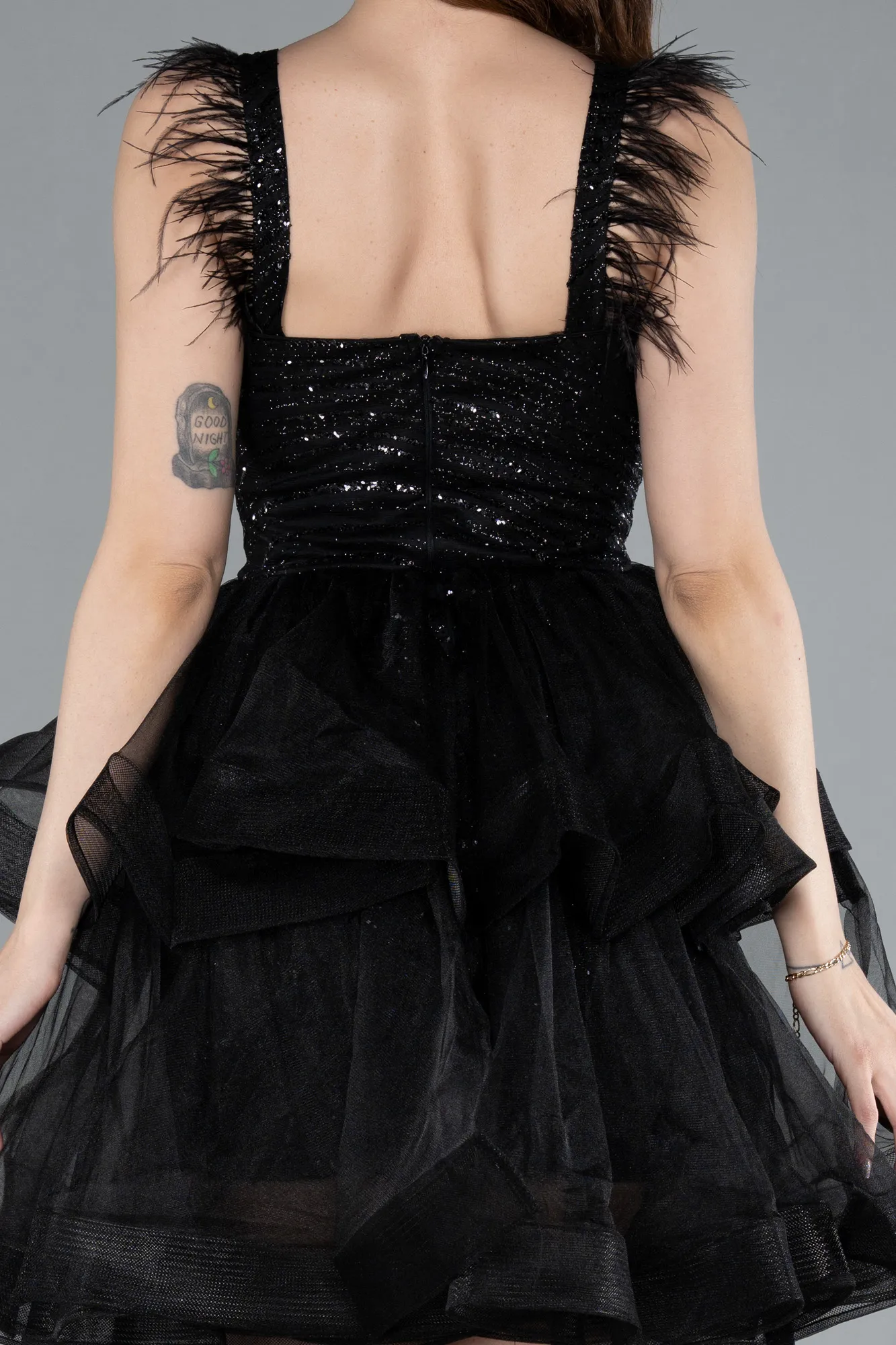 Black-Sequin Feather Straps Layered Tulle Mini Dress ABK2325