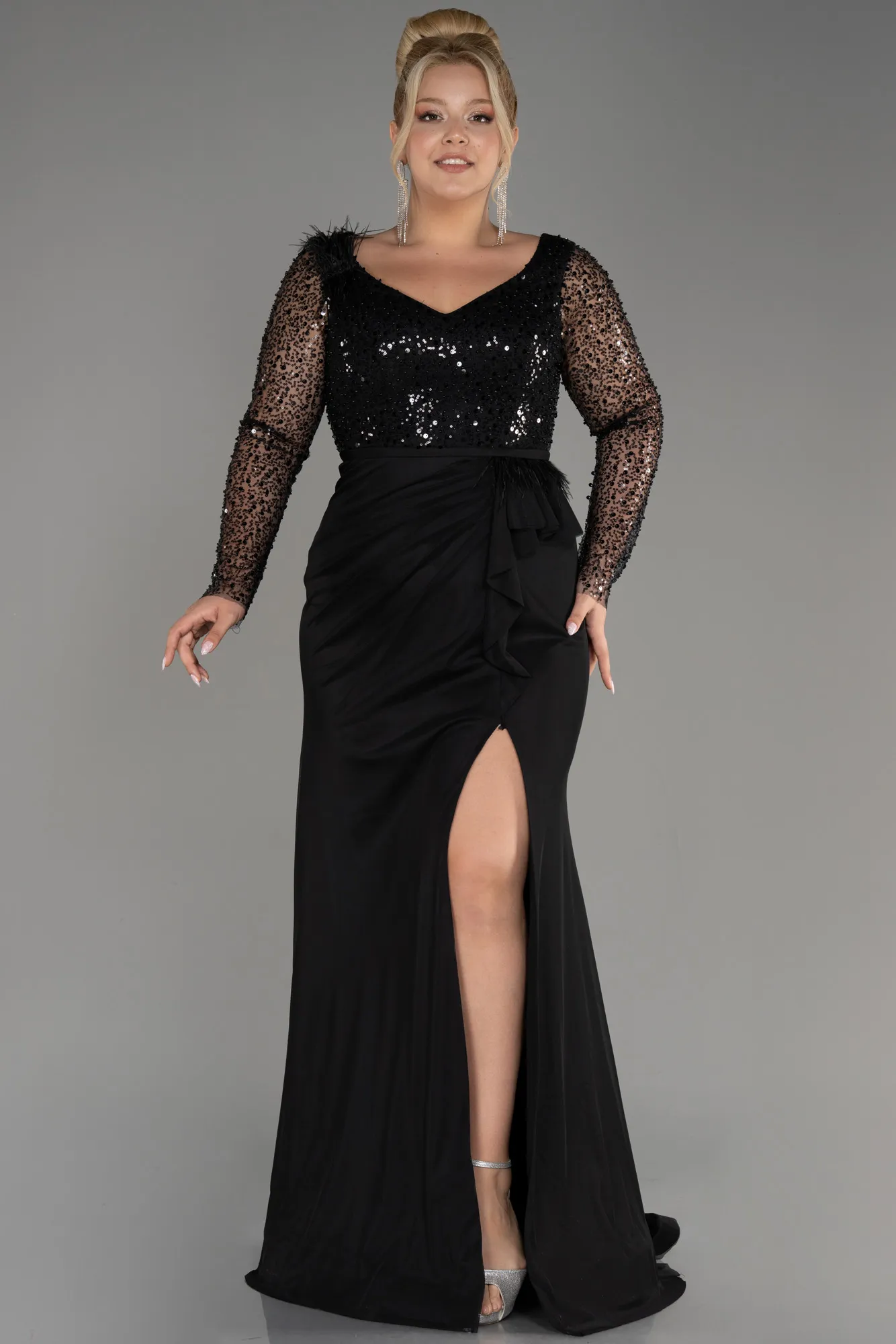 Black-Sequined Long Sleeve Slit Pus Size Evening Dress ABU3284