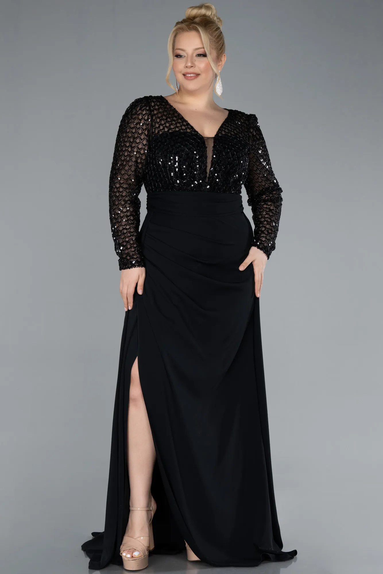 Black-Sequined Long Sleeve Tail Plus Size Evening Gown ABU4711