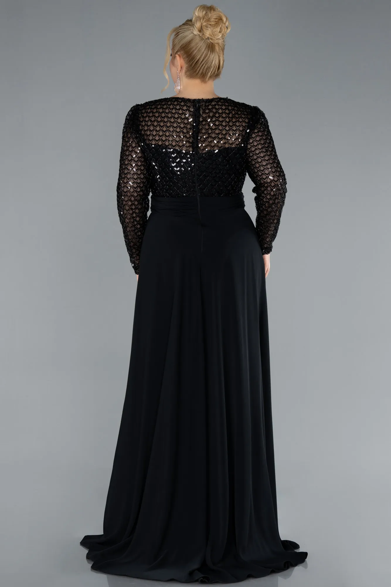 Black-Sequined Long Sleeve Tail Plus Size Evening Gown ABU4711