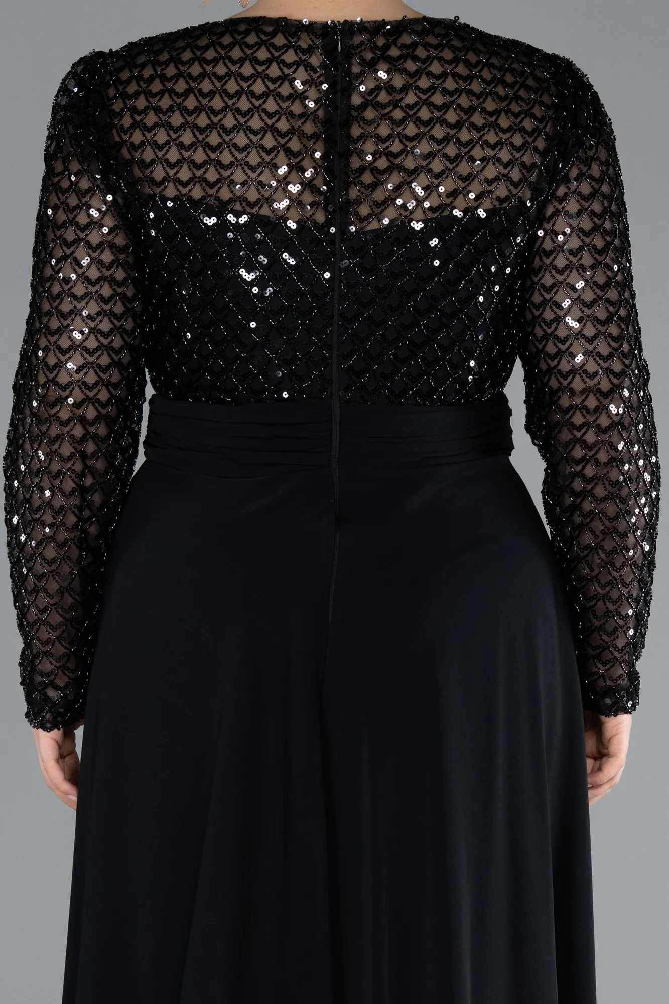 Black-Sequined Long Sleeve Tail Plus Size Evening Gown ABU4711