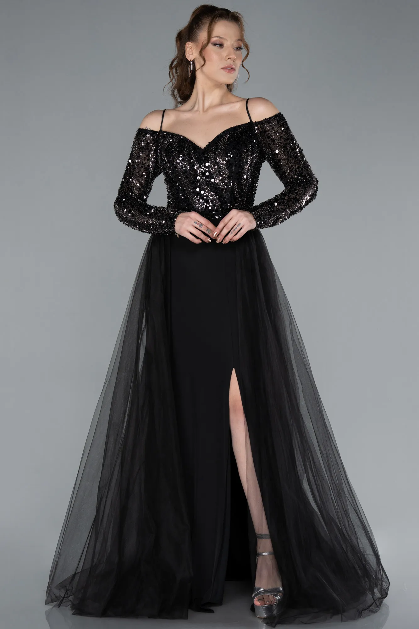 Black-Sequined Long Sleeve Trained Mermaid Evening Gown ABU4501