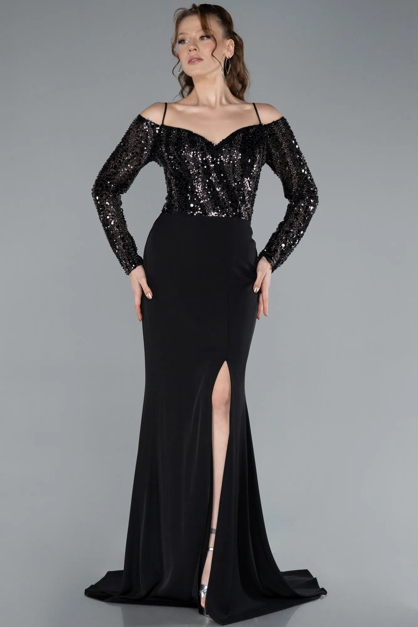 Black-Sequined Long Sleeve Trained Mermaid Evening Gown ABU4501