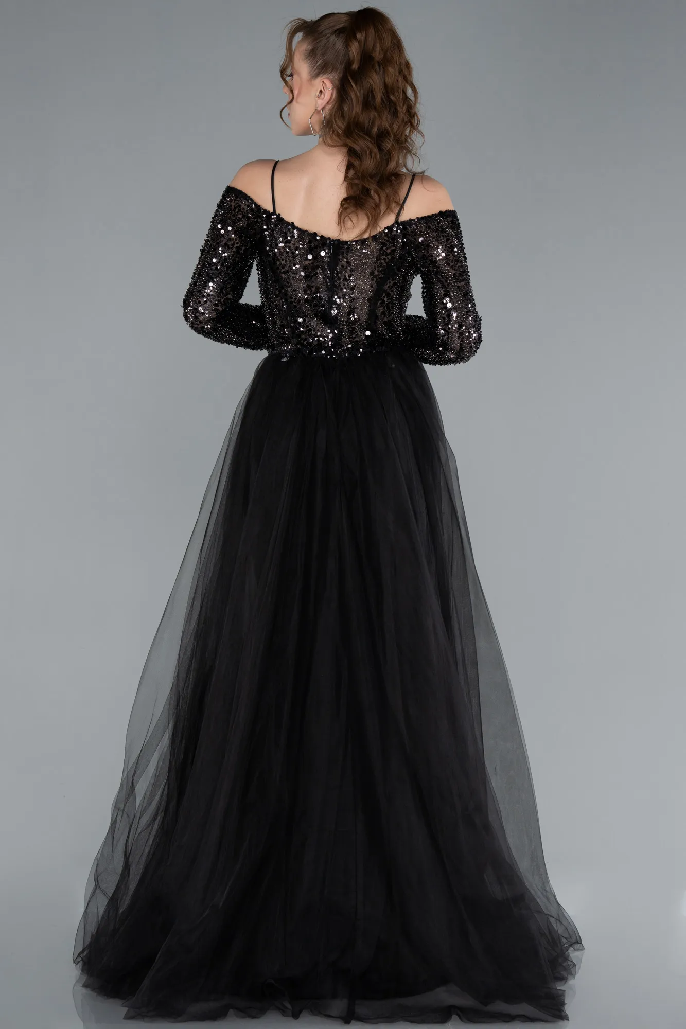 Black-Sequined Long Sleeve Trained Mermaid Evening Gown ABU4501