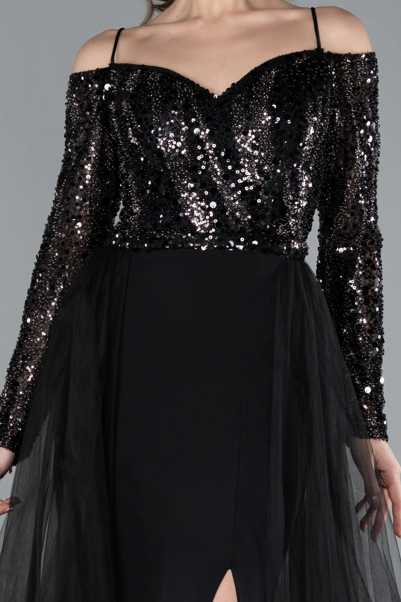 Black-Sequined Long Sleeve Trained Mermaid Evening Gown ABU4501