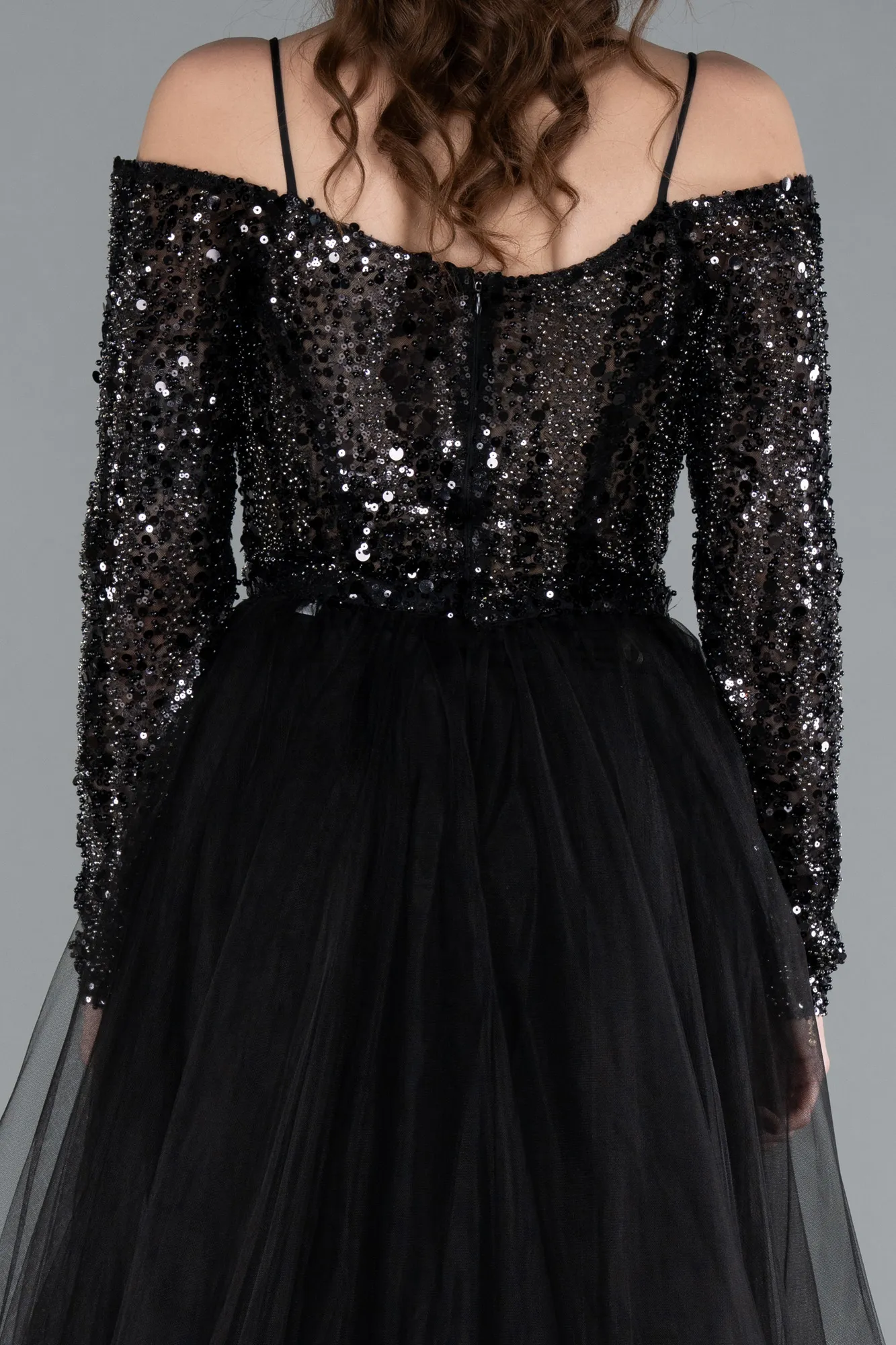 Black-Sequined Long Sleeve Trained Mermaid Evening Gown ABU4501