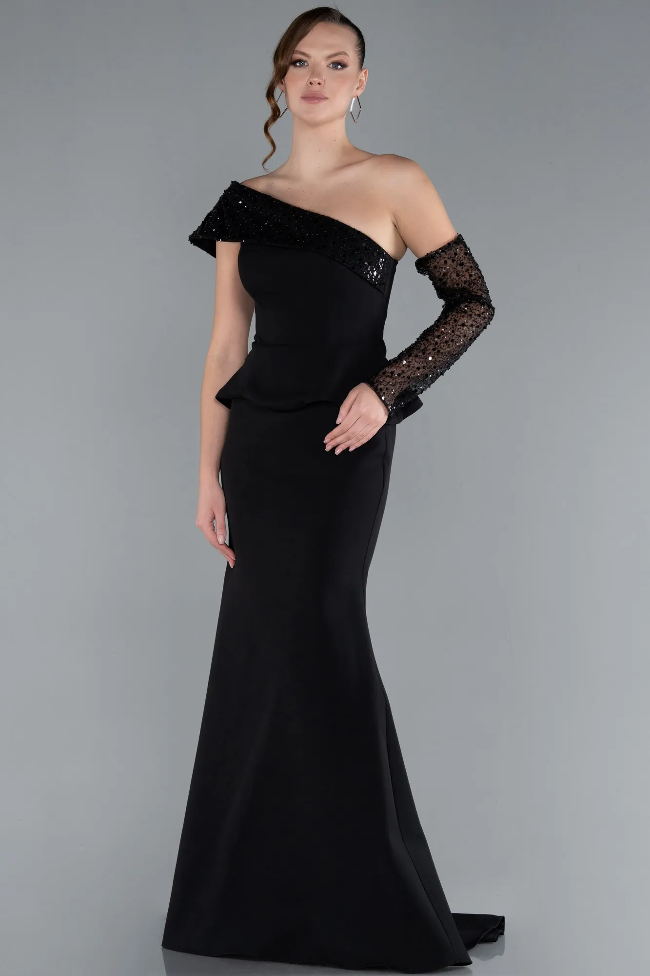 Black-Sequined One Shoulder Peplum Long Evening Gown ABU4730