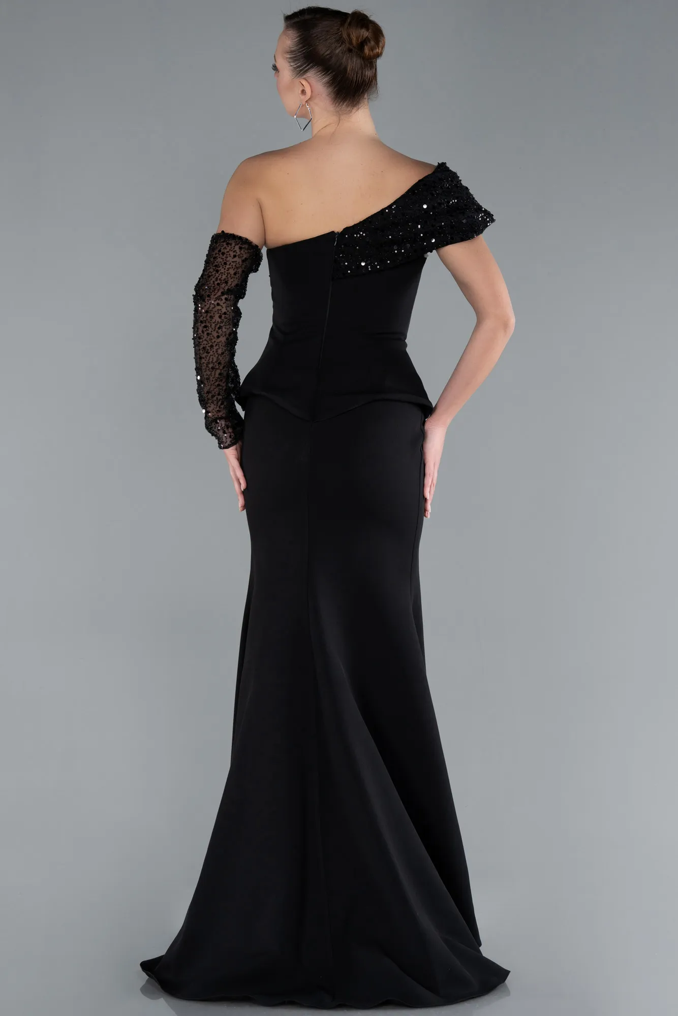 Black-Sequined One Shoulder Peplum Long Evening Gown ABU4730