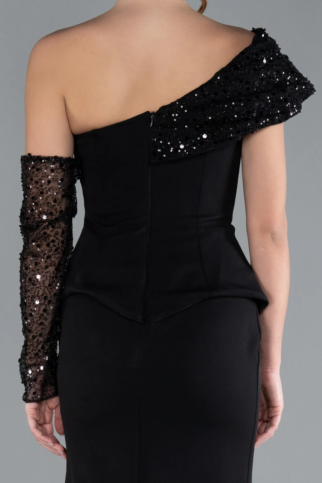Black-Sequined One Shoulder Peplum Long Evening Gown ABU4730