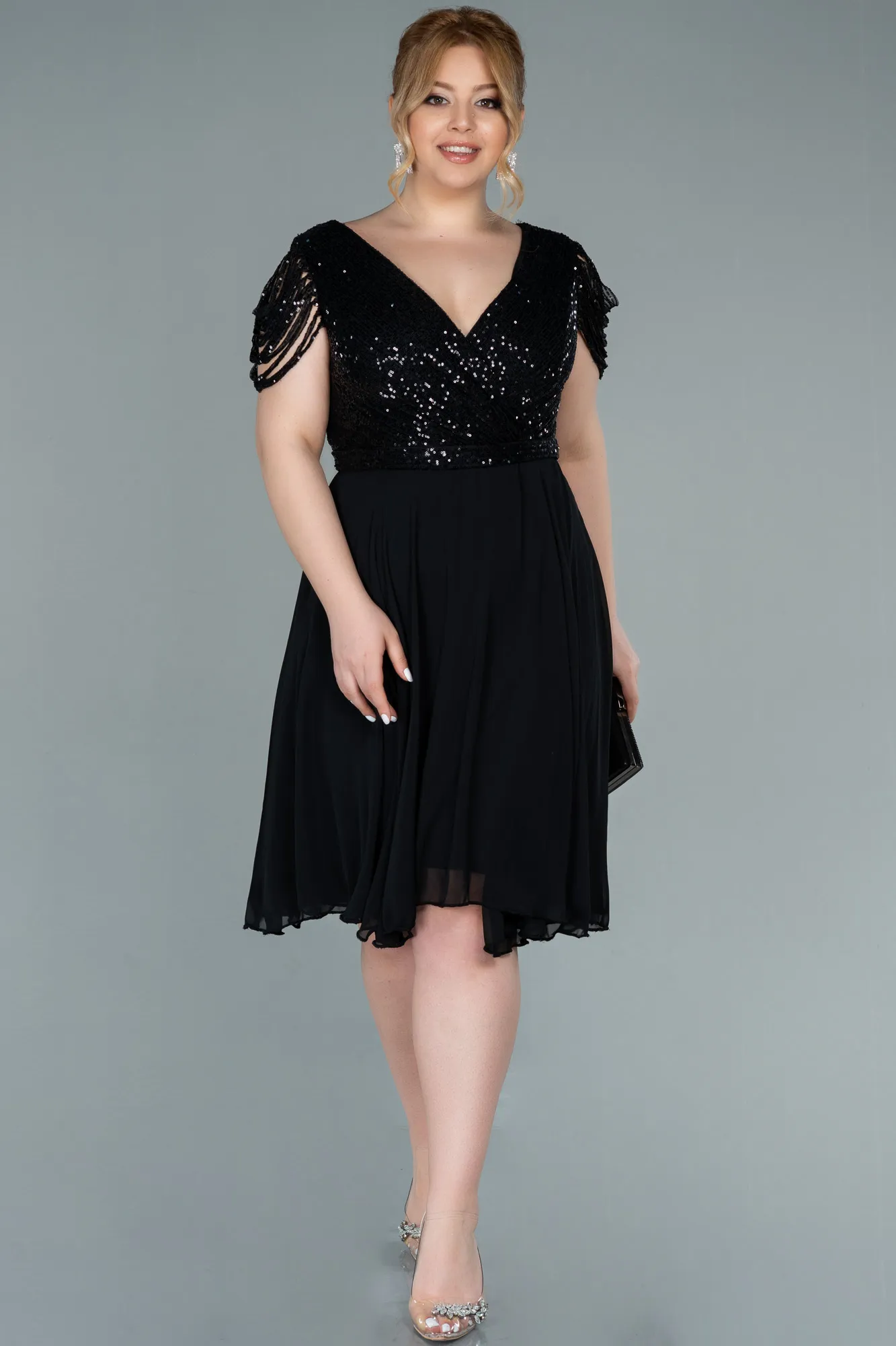 Black-Short Chiffon Plus Size Evening Dress ABK1376