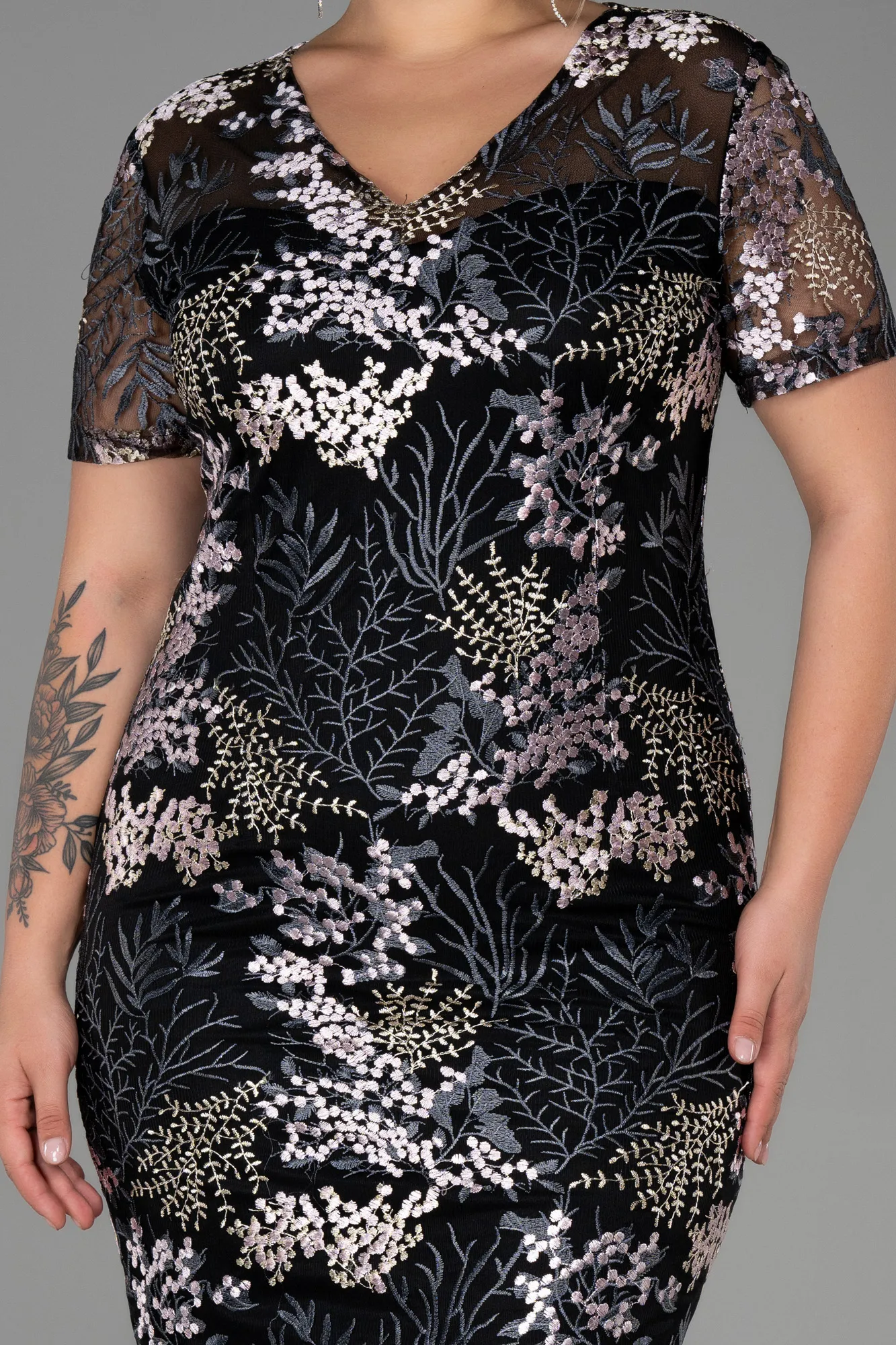 Black-Short Laced Plus Size Evening Dress ABK1400