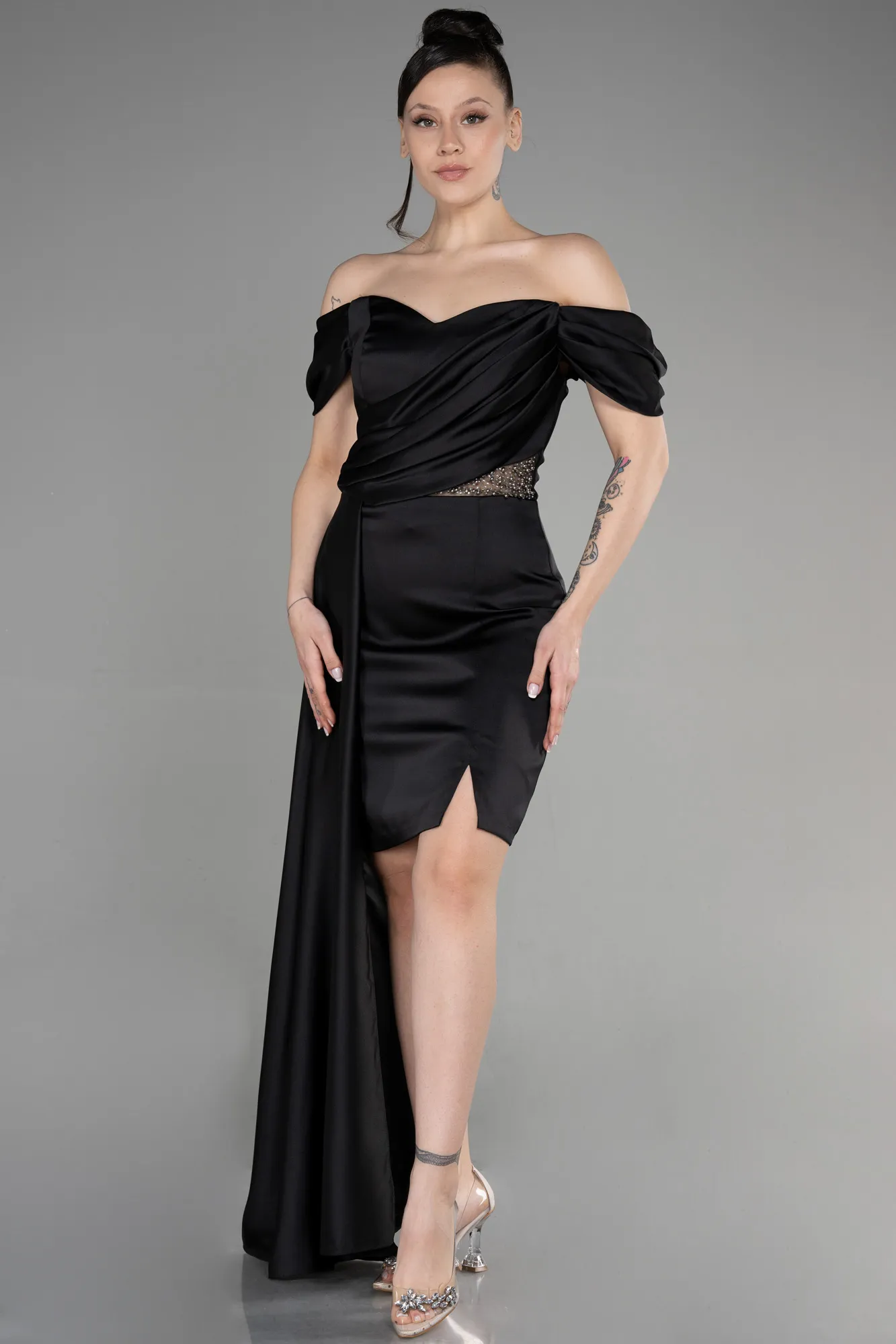 Black-Short Satin Cocktail Dress ABK1974