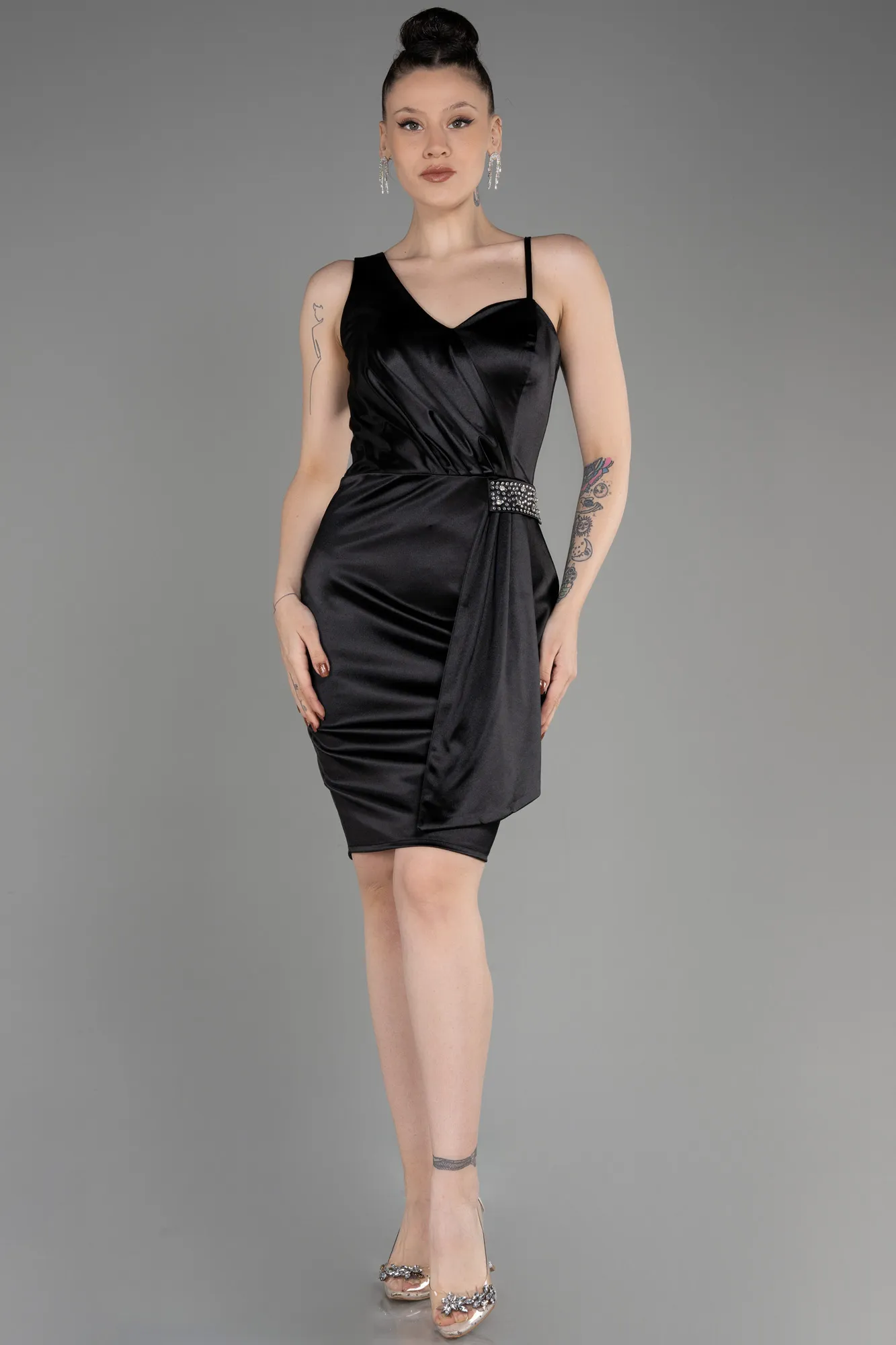 Black-Short Satin Cocktail Dress ABK2024