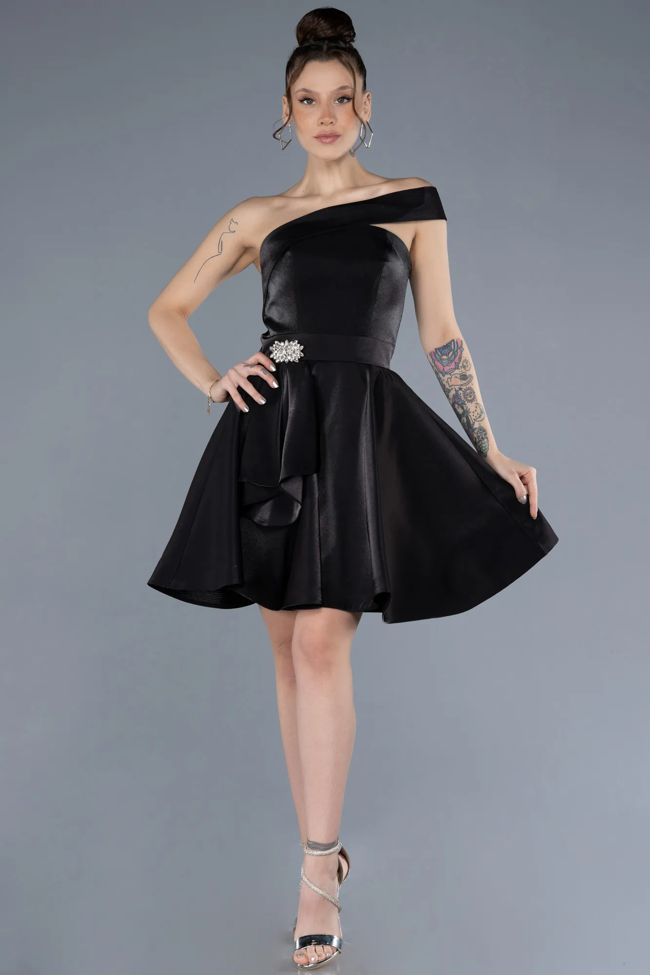 Black-Short Satin Cocktail Dress ABK2237