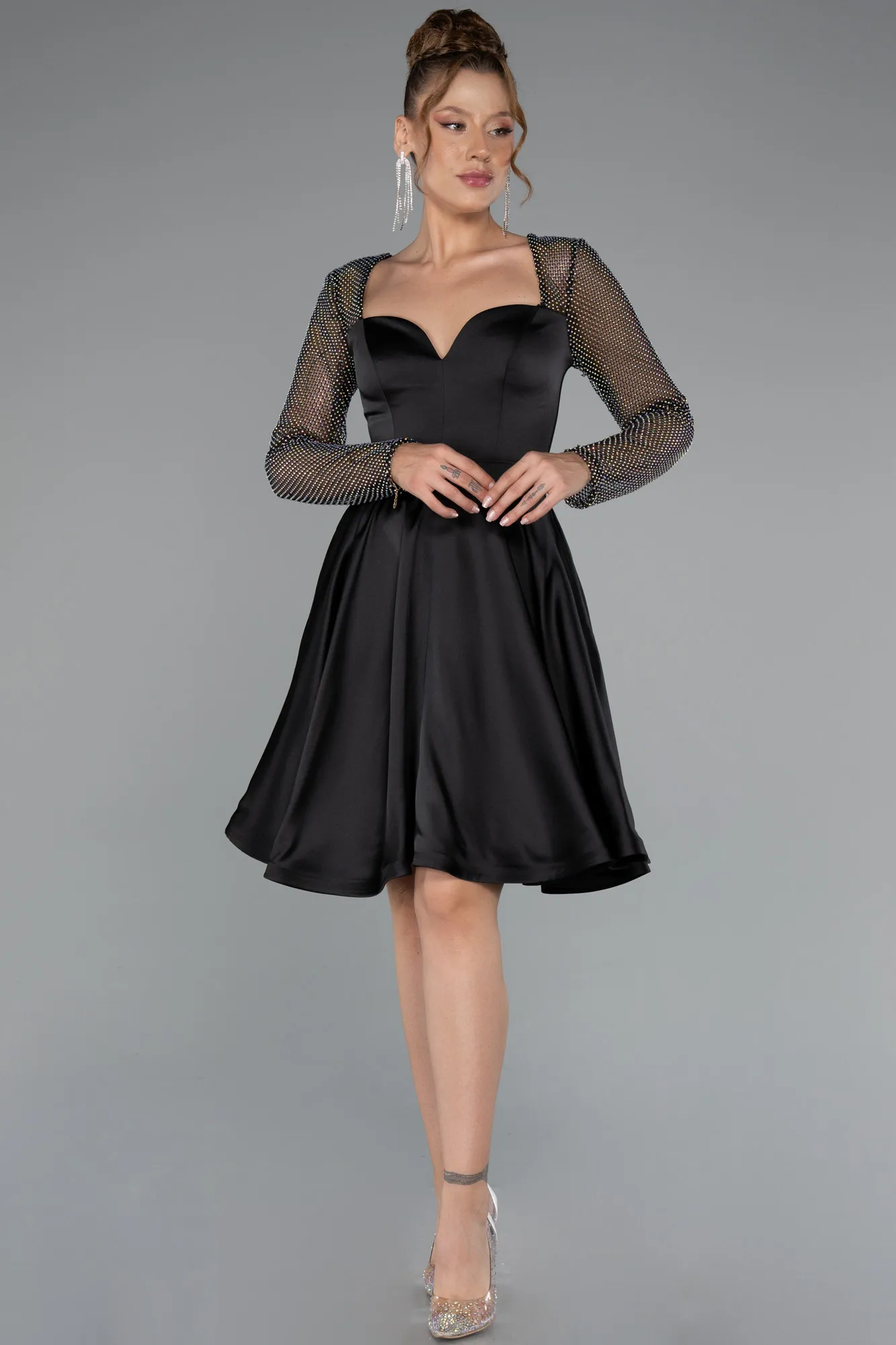 Black-Short Satin Cocktail Dress ABK2390