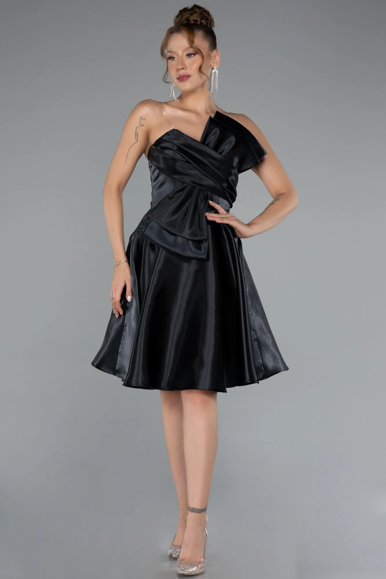 Black-Short Satin Cocktail Dress ABK2394